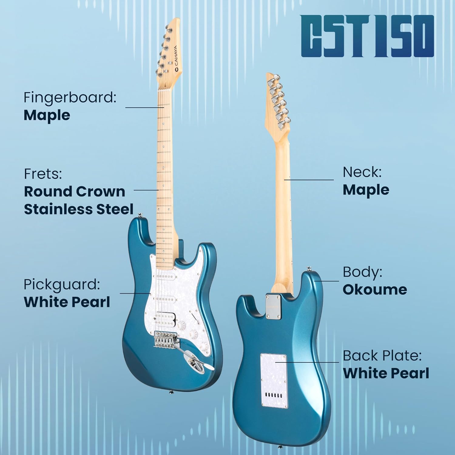 CAHAYA Electric Guitar Set Beginner - 39in Starter Guitar Kit with HSS Pickup Solid Okoume Body Electric Guitar Adults with Amplifier Gig Bag Strap Picks Strings Cable Blue