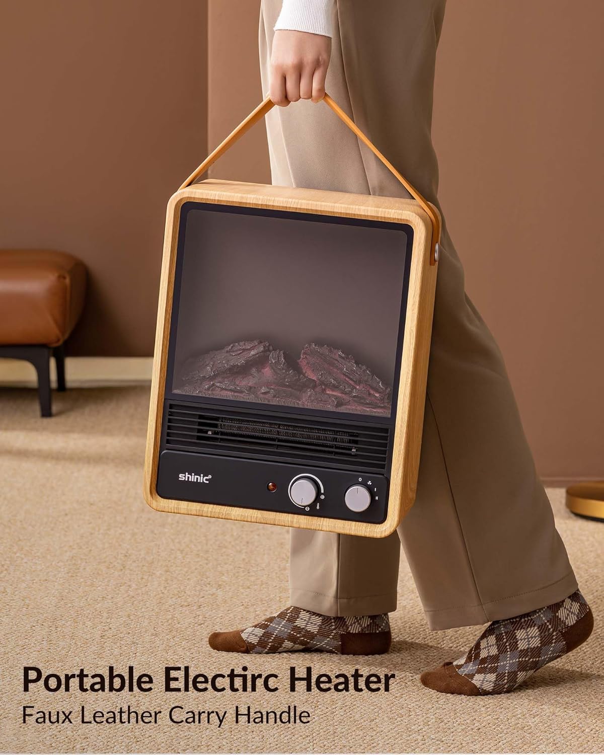 Shinic Electric Fireplace Heaters for Indoor Use,1500W Space Heater with Crackling Sound & 3D Realistic Flame, Safety Protection, Mini Portable Fireplace Heater for Home Christmas Decoration, Walnut