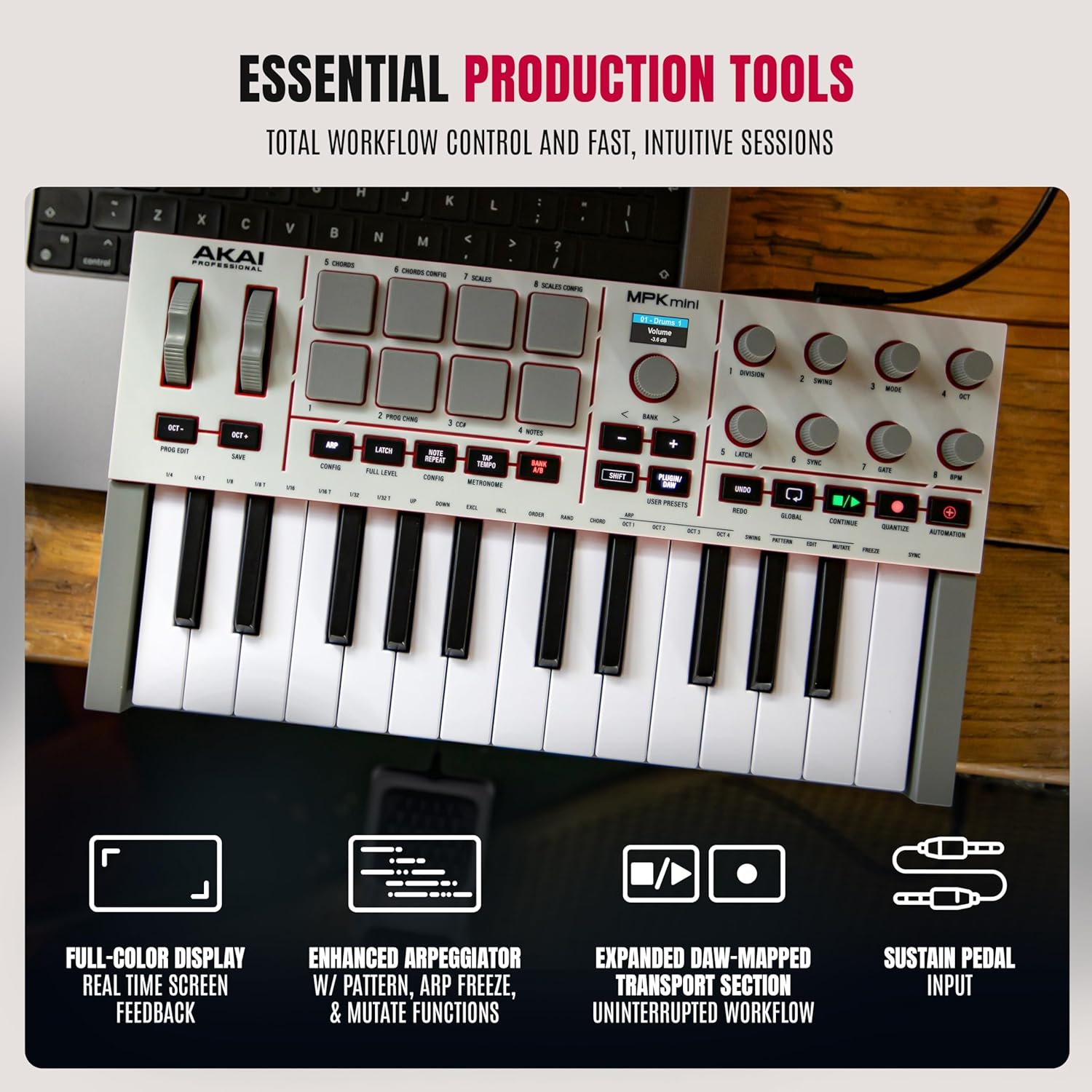 Akai Professional MPK Mini IV USB-C MIDI Keyboard Controller for Beginners and Producers - MPC Drum Pads, 360° Knobs, Pitch and Mod Wheels, Production Software, Native Instruments Sound Package, Grey