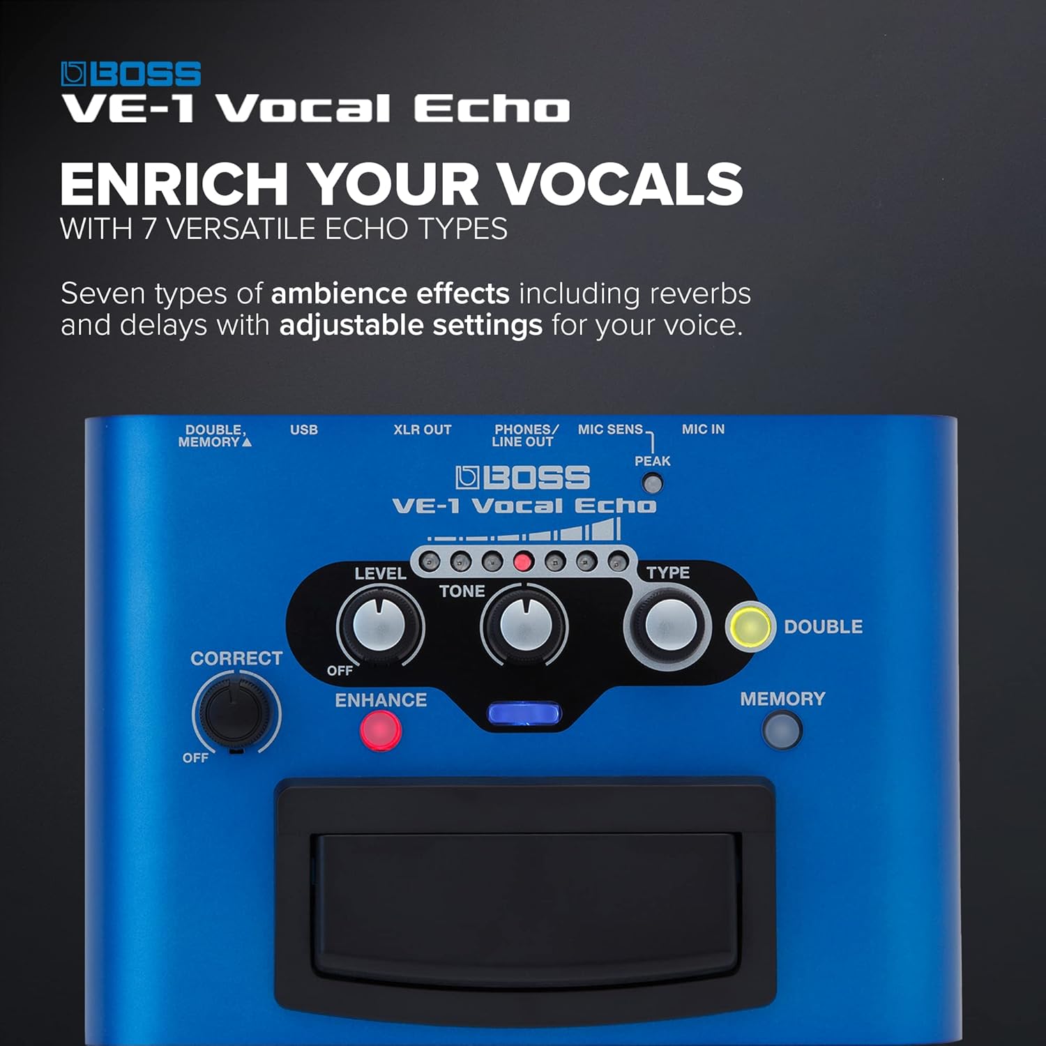 BOSS VE-1 Vocal Echo for Singers and Vocalists | Control Your Vocal Sound in Real-Time | Add Natural Ambience or Deep Reverb to your Voice | Seven Types of Adjustable Effects | Built-In Memory
