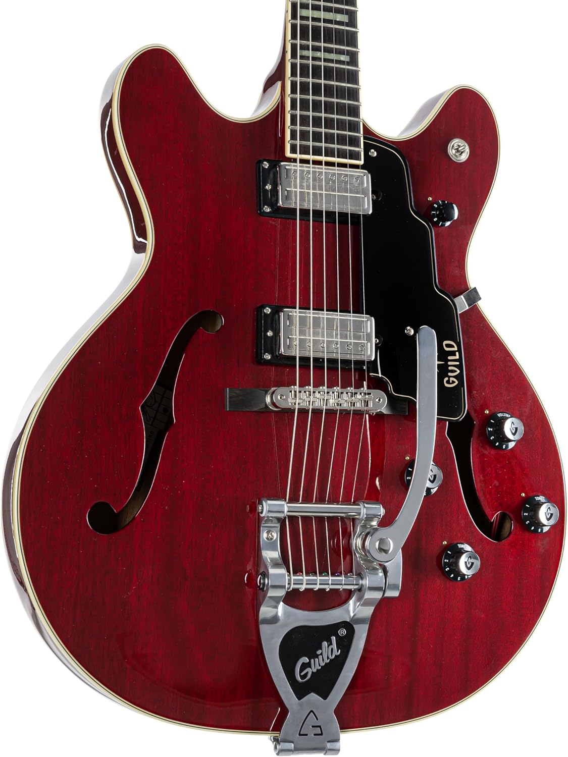 Guild Guitars Starfire V Semi-Hollow Body Electric Guitar, Cherry Red, Double-Cut w/tremolo, Newark St. Collection, with Hardshell Case