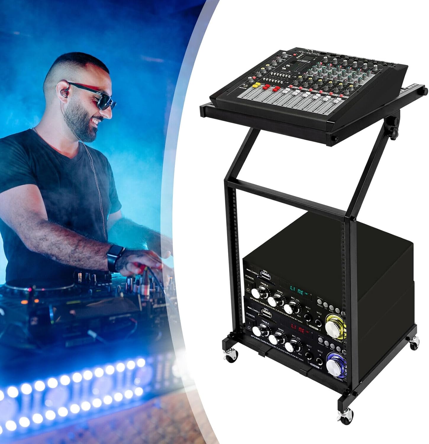 12U DJ Mixer Stand, Adjustable 2-Tier Universal Rack with Wheels for Studio, Stage, Club, and Live Sound Equipment, Heavy Duty Iron, Black, Fits Amplifiers, Mixers, Karaoke Gear, Music Instruments