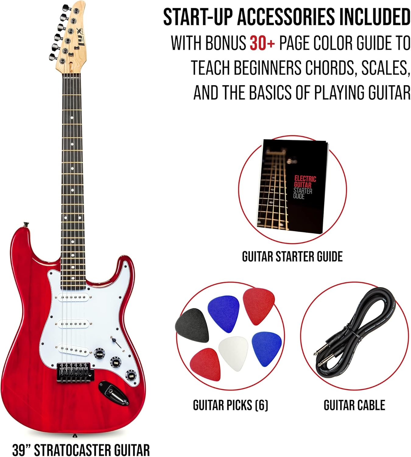 LyxPro CS 39” Electric Guitar Kit for Beginner, Intermediate & Pro Players with Guitar, Amp Cable, 6 Picks & Learner’s Guide | Solid Wood Body, Volume/Tone Controls, 5-Way Pickup - Red