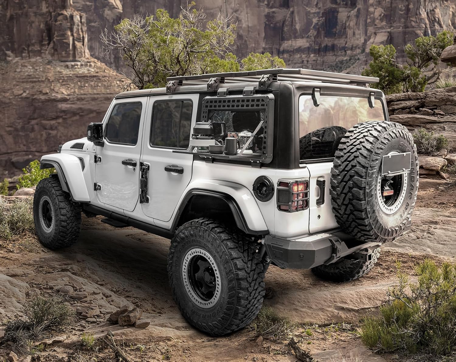 Rear Window Molle Panel with Fold-Down Table - Tactical Modular Rear Window Storage Panels for 2018-2025 Jeep Wrangler JL Off Road Camping Accessories (Driver Side)