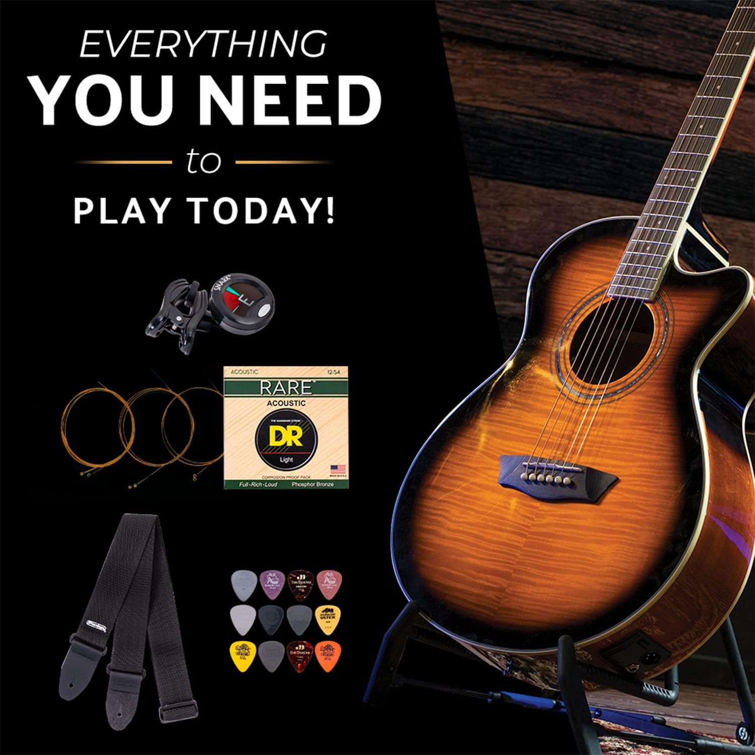 Washburn Festival EA15 Acoustic Electric Cutaway Guitar Bundle with Flame Maple Veneer Top, Includes Strap, Picks, Clip-On Tuner and Extra Set Of Strings (EA15ATB-BNDL)