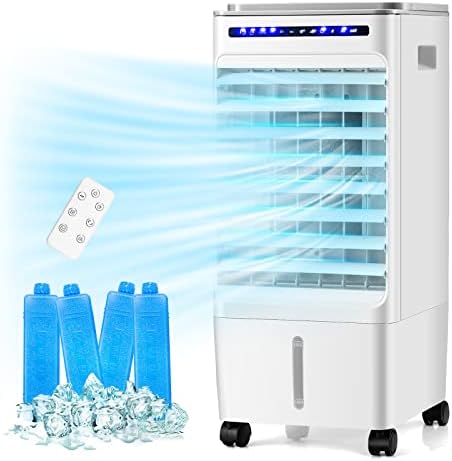 Evaporative Air Cooler, 3 in 1 Air Conditioner Fan with 3 Modes & 3 Speeds, Remote & 7H Timer, 80° Oscillation, Negative Oxygen Ion Function, Water Tank, Swamp Cooler for Home Office Dorm