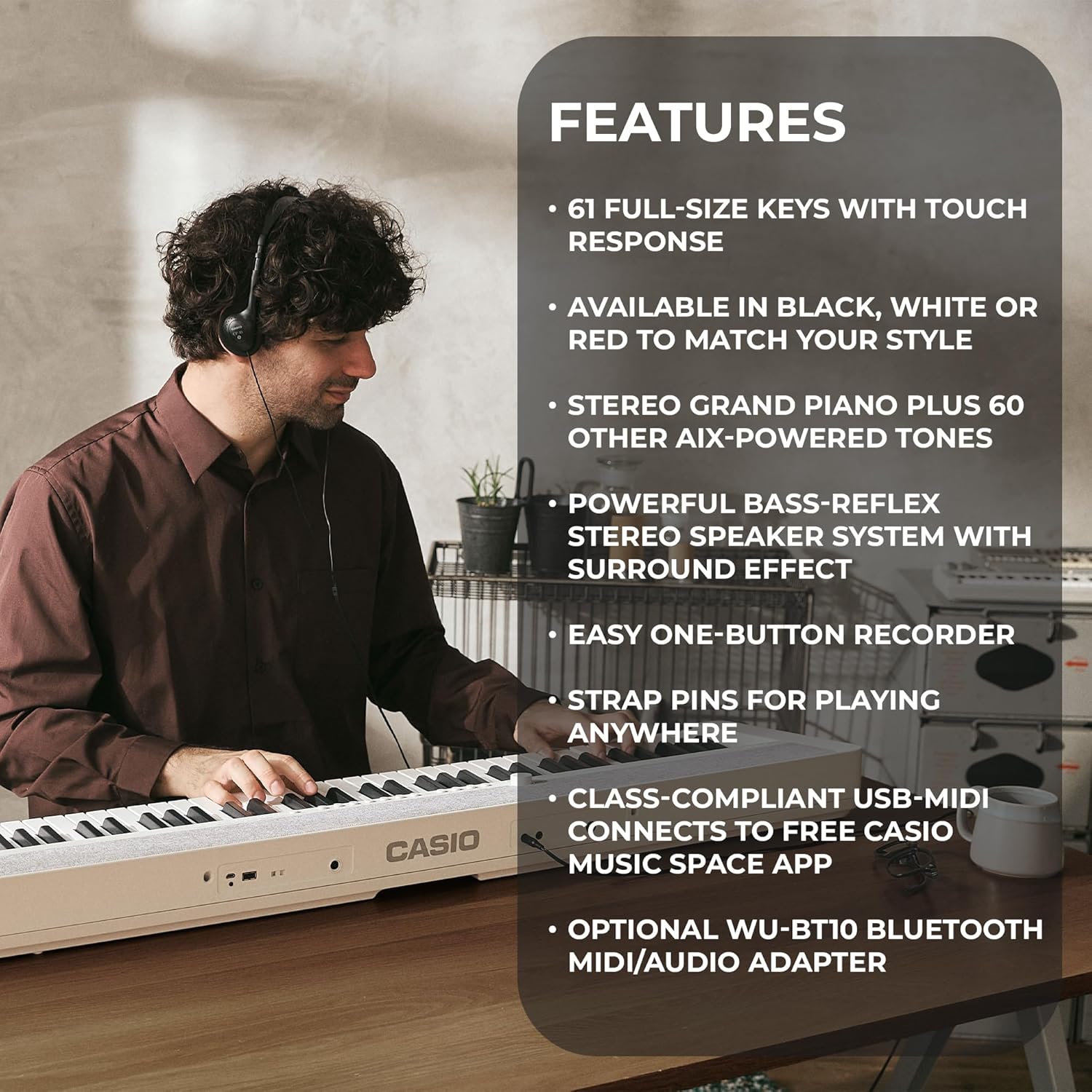 Casio CT-S1 Casiotone 61-Key Portable Keyboard - White Bundle with Adjustable Stand, Bench, Sustain Pedal, Headphones, Instructional Book, Instructional DVD, and Austin Bazaar Polishing Cloth