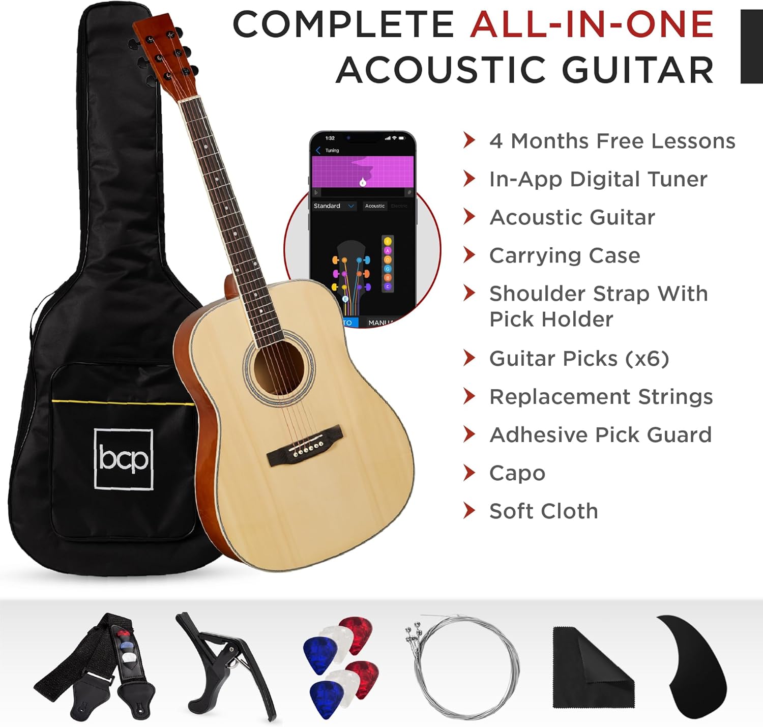 Best Choice Products 41in Full Size Beginner All Wood Acoustic Guitar Starter Set w/Gig Bag, Strap, Capo, Strings, Picks - Natural