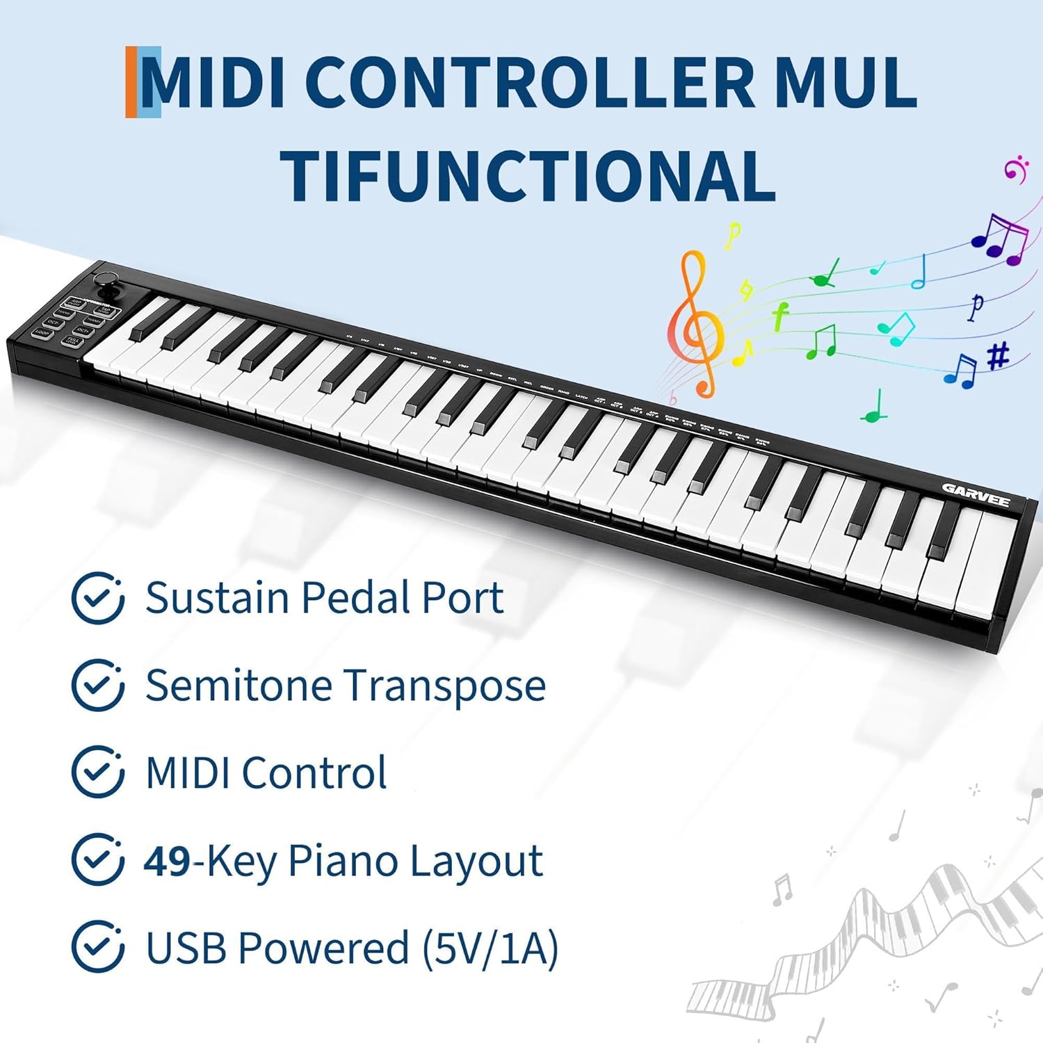 49-Key MIDI Keyboard Controller — Compact USB/DAW Integrated Keyboard with 8 Drum Pads, 8 Knobs & OLED Display. Ideal for Music Production.