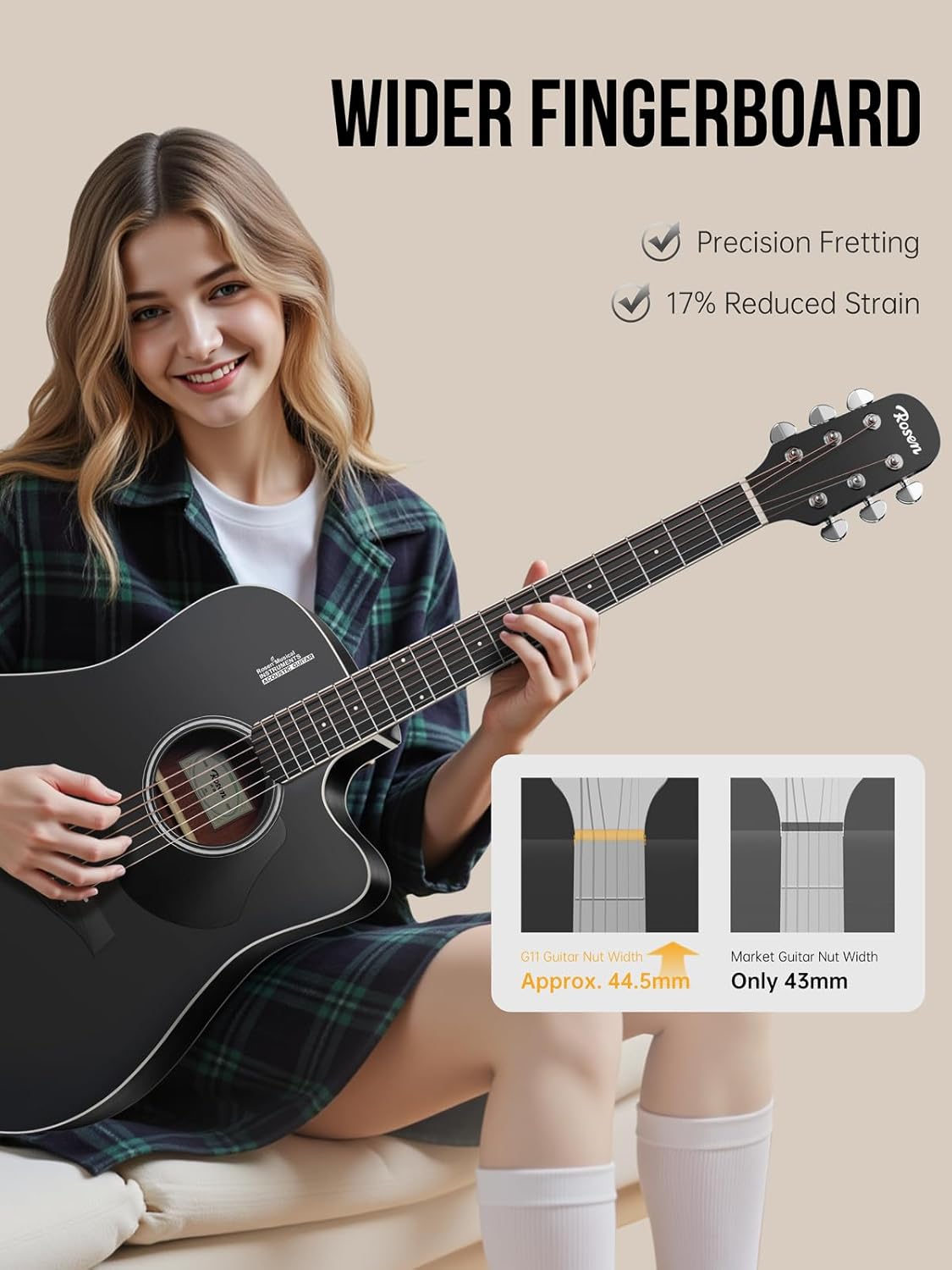 Rosen Solid Top Dreadnought Acoustic Guitar 41 Inches Spruce Guitar Beginner Bundle with Book, Padded Bag, Strings, Picks, Hexwrench, Strap, Polishing Cloth, Black