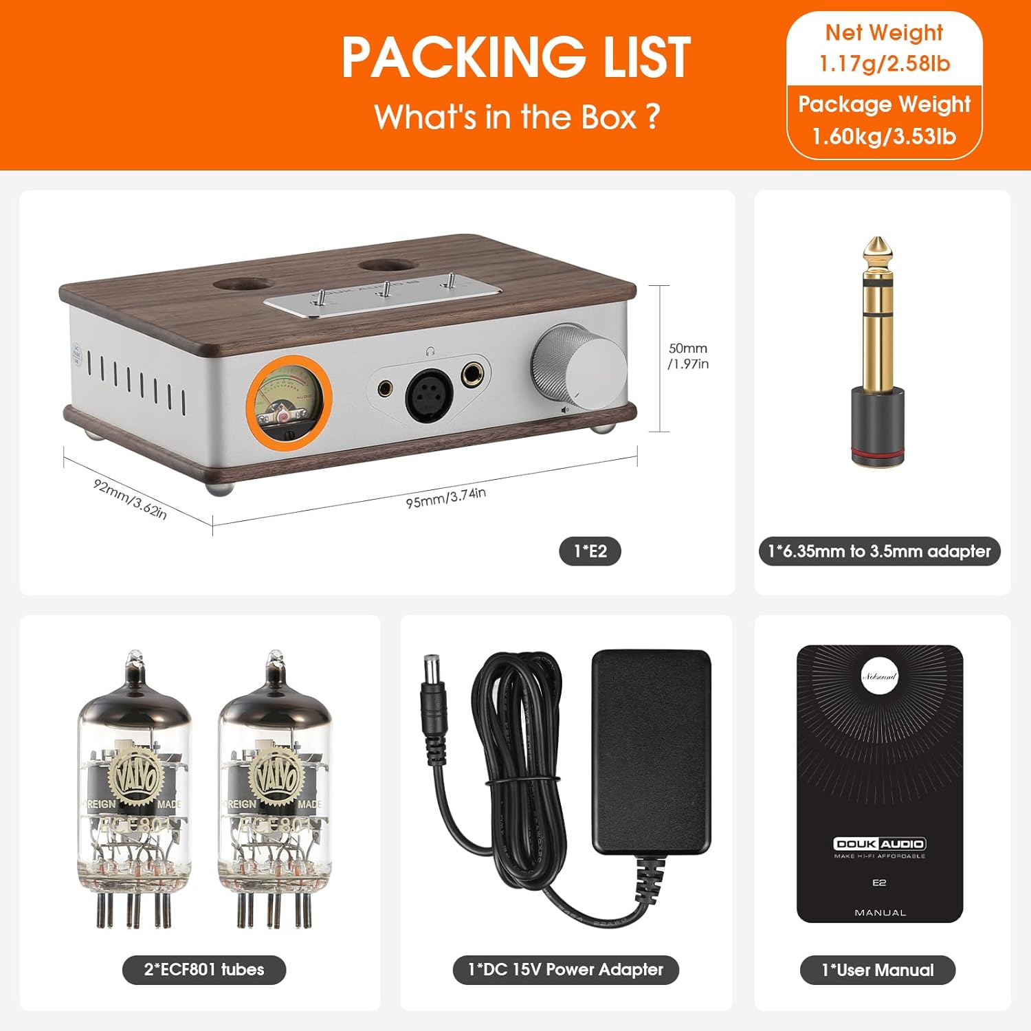 ​Douk Audio Tube Headphone Amp: for XLR, 4.4mm, 6.35mm HiFi Headphones, Stereo Preamplifier for Amplifiers, Speakers, Home Desktop Audio System, with VU Meter & German Valvo Vacuum Tubes​ (E2)