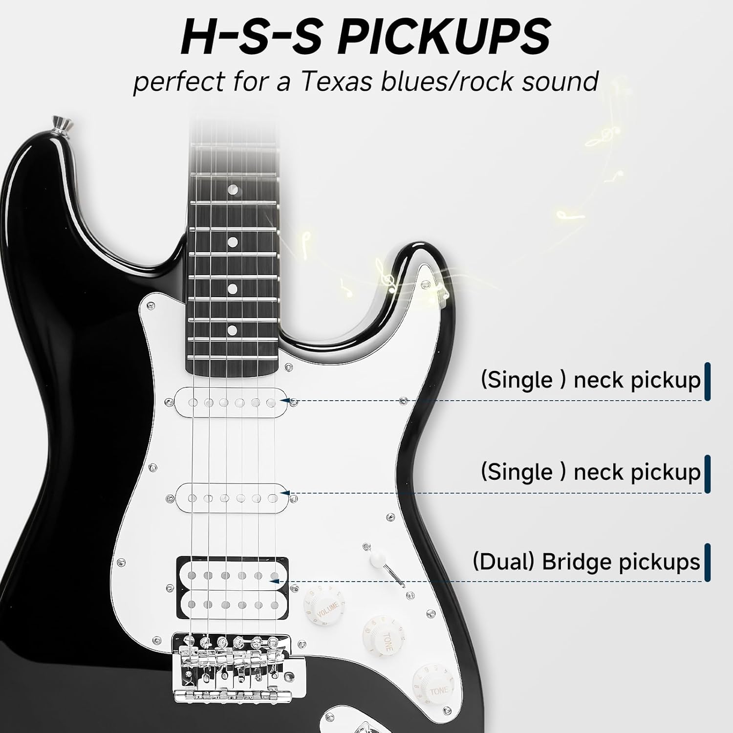 39 Inch Electric Guitar Solid Body Full Size HSS Electric Guitar Beginner Kit for Starter, with Amplifier, Bag, Capo, Strap,Cable, Picks, Black