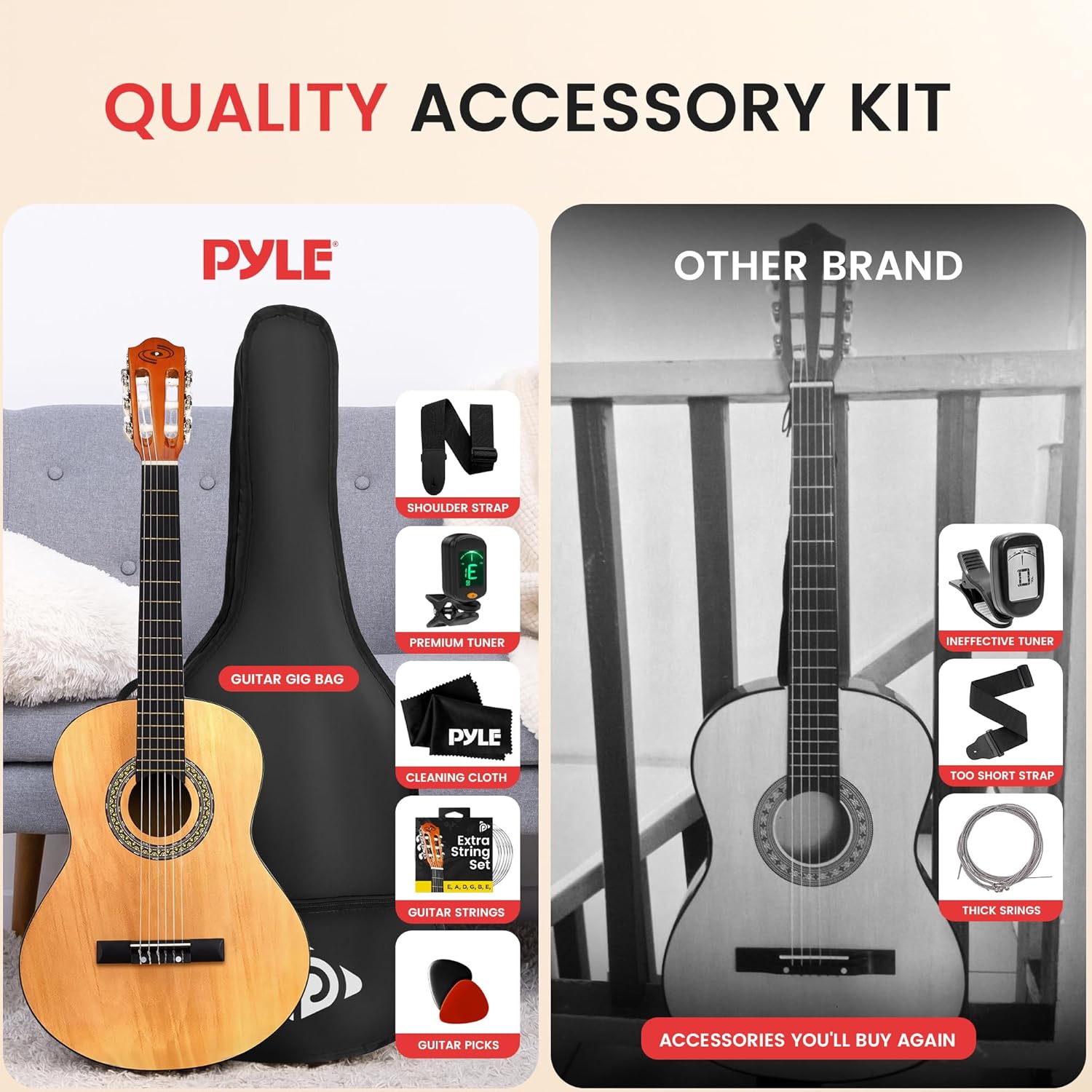 Pyle Beginner 6 String Acoustic Guitar Kit, 1/4 Junior Size Classical Instrument for Students, 30