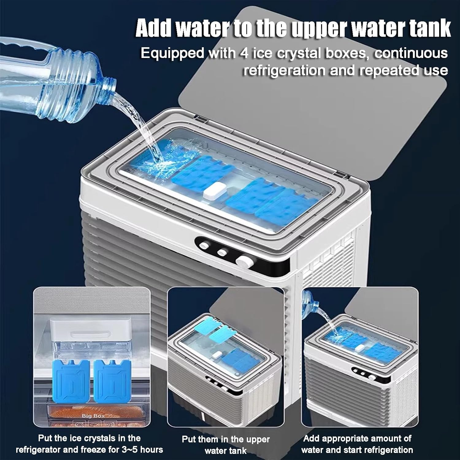 Swamp Cooler, Portable Evaporative Air Cooler, 4 Ice Box & 6.6 Gal Tank, 3 Speeds, 3-in-1 Portable Air Conditioners for Outdoor, Office, Home