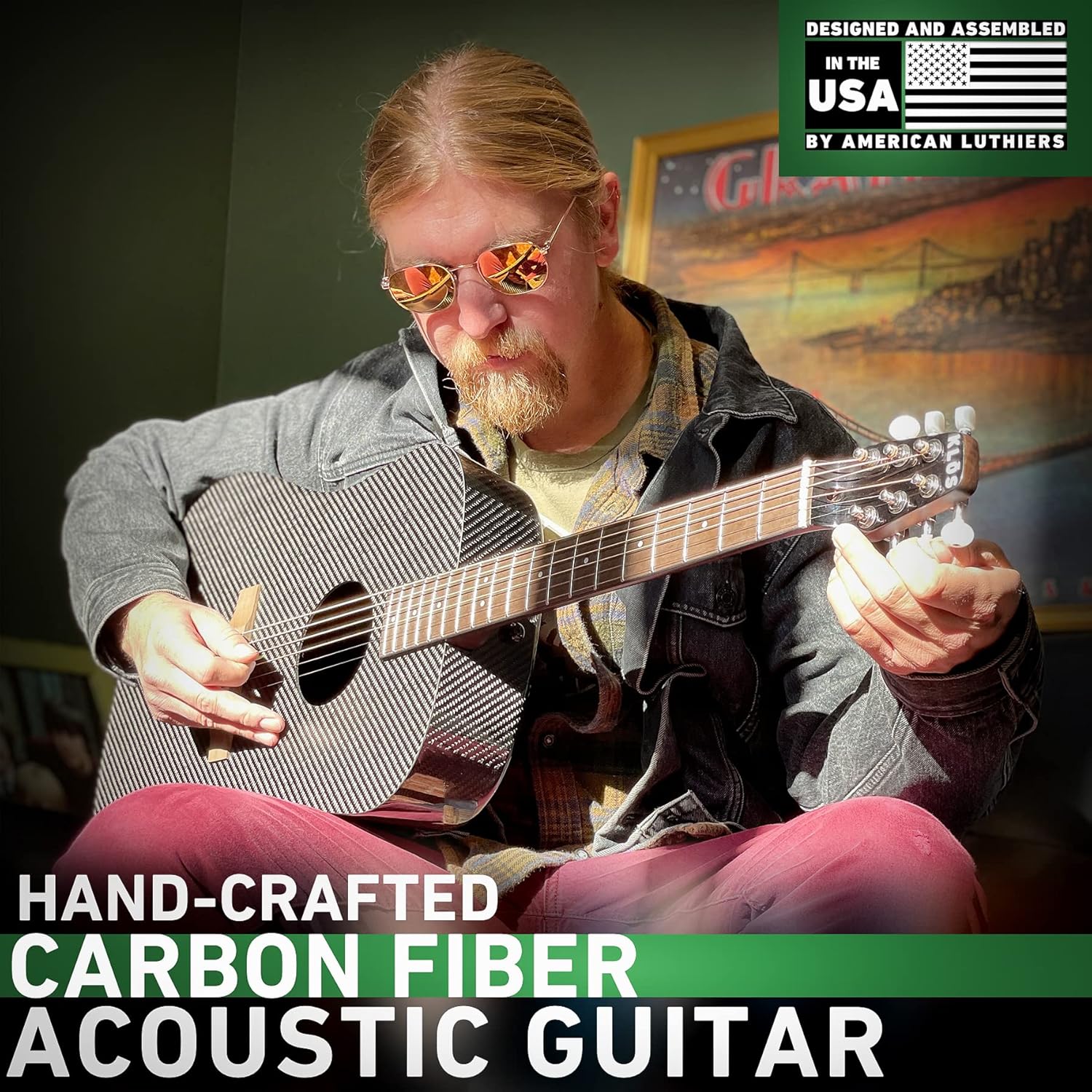 KLOS Full Size Guitar, Durable Carbon Fiber Acoustic Guitar - Black with Gig Bag, Strap, Capo, and more