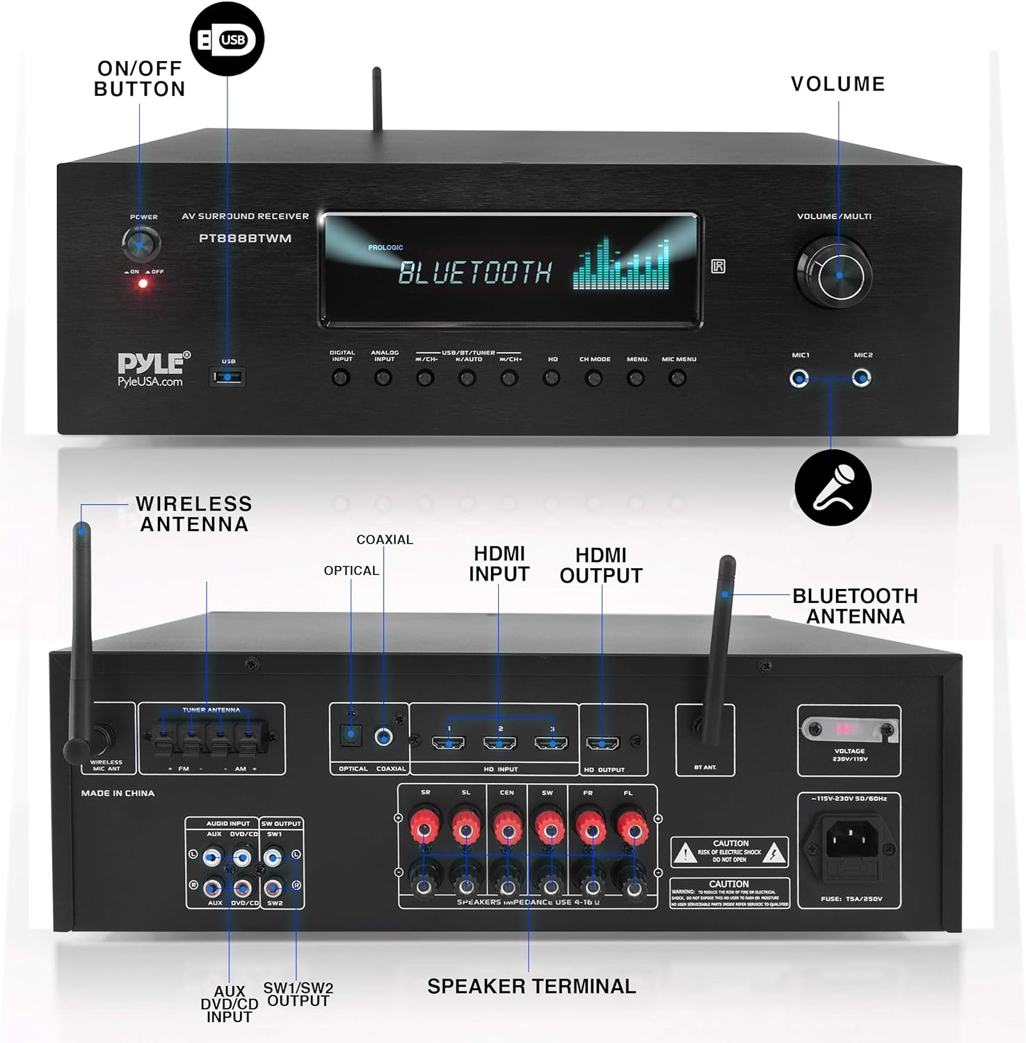 Pyle 1000W Bluetooth Home Theater Karaoke Receiver - 5.2-Ch Stereo Amplifier 2 UHF Wireless Microphone Video Pass-Through Supports, MP3/USB/HDMI/AM/FM Radio - Pyle PT888BTWM.5