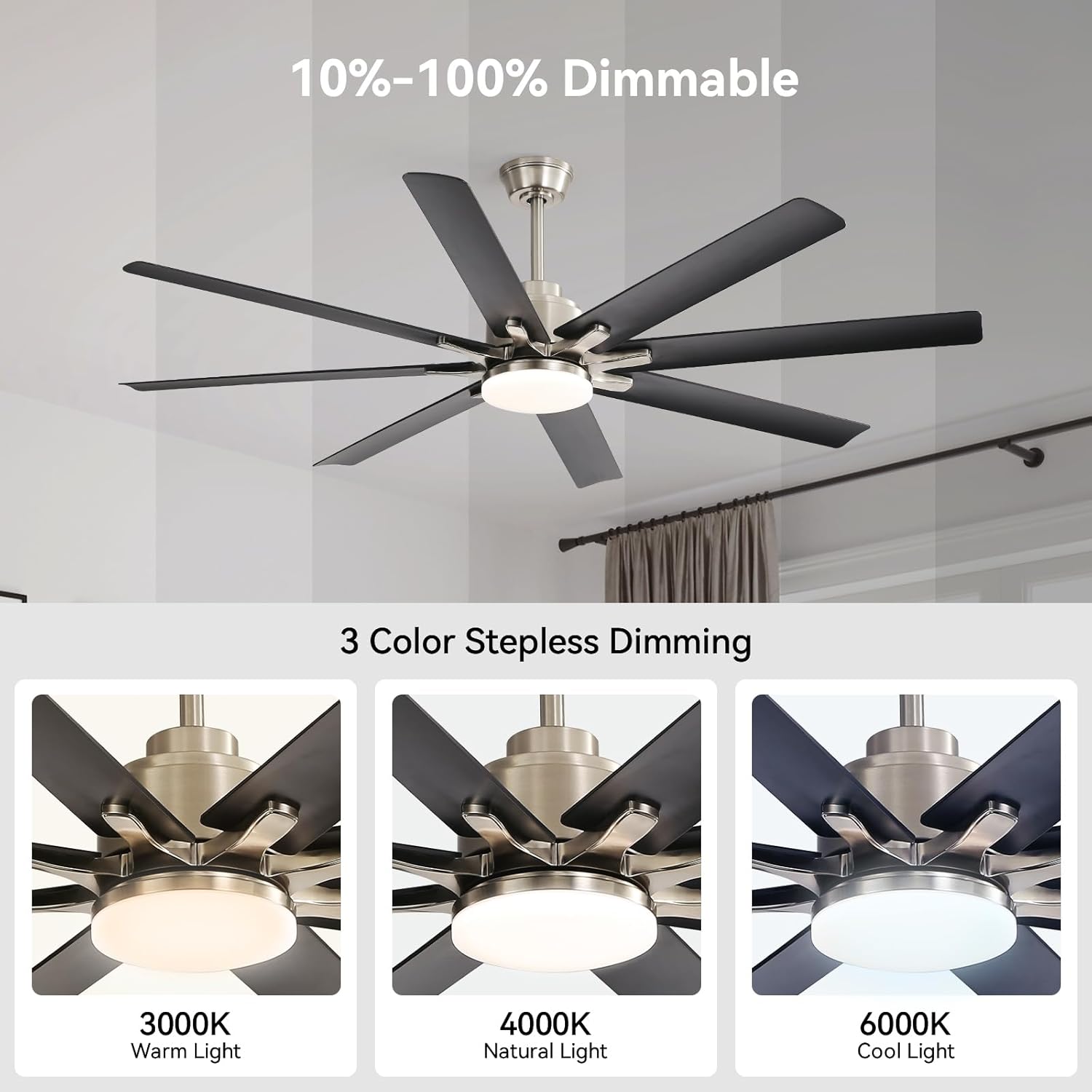 Sofucor Smart Ceiling Fans with Lights, 52'' Ceiling Fan with Light and Remote, Work with Alexa/Google, Black Indoor/Outdoor Ceiling Fan, Quiet DC Motor, 3CCT, 8 Blades Ceiling Fans for Bedroom Patio