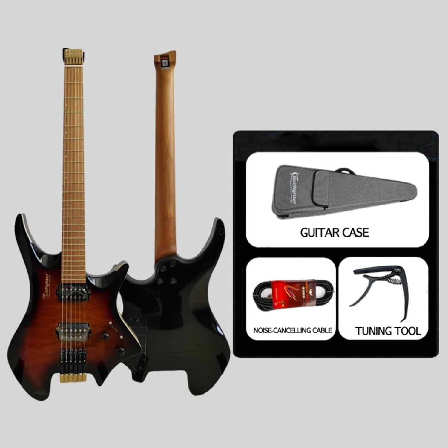 34-Inch Headless Electric Guitar Kit, H-H Pickups with Coil Splitting, Copper String Lock, Roasted Maple Fretboard for Travel and Beginners (Sunburst)