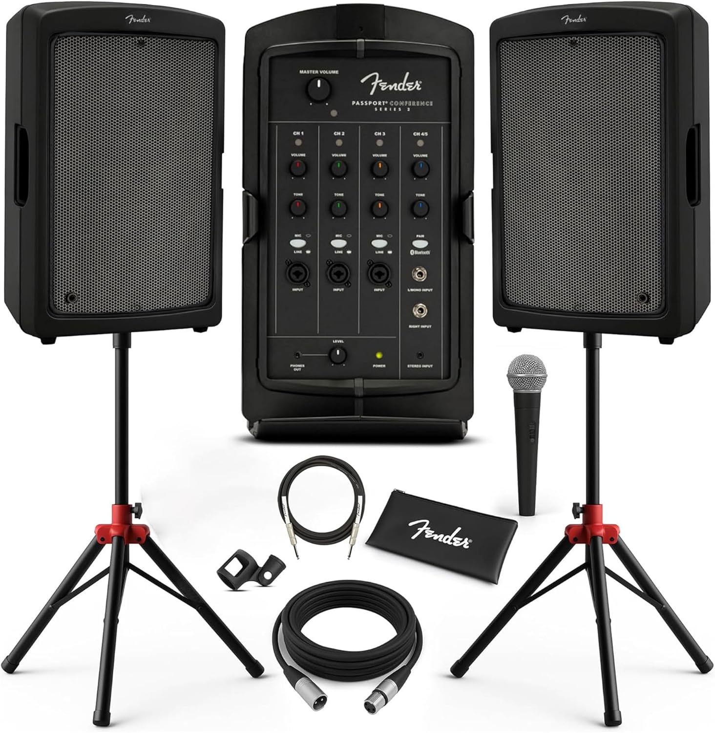 Fender Passport Conference S2 Portable PA System Bundle with Microphone Kit, Compact Speaker Stands, and Instrument Cable