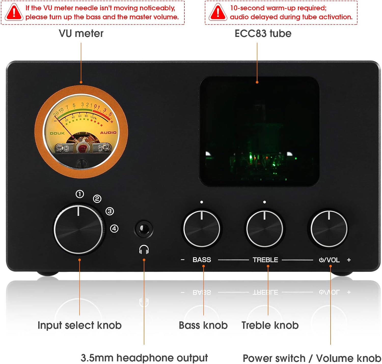 ​Douk Audio Vacuum Tube Preamp: Headphone Amp with VU Meter, 4-Way RCA Selector Switch Box, Preamplifier with Tone Control for​ Receivers, Amplifiers, Speakers, 16-600Ω Headphones (TUBE-T5C)
