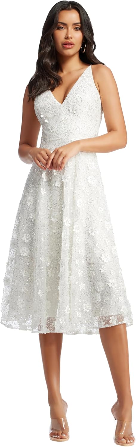 Dress the Population Womens Elisa Sleeveless Plunge Neckline Fit and Flare Midi Dress