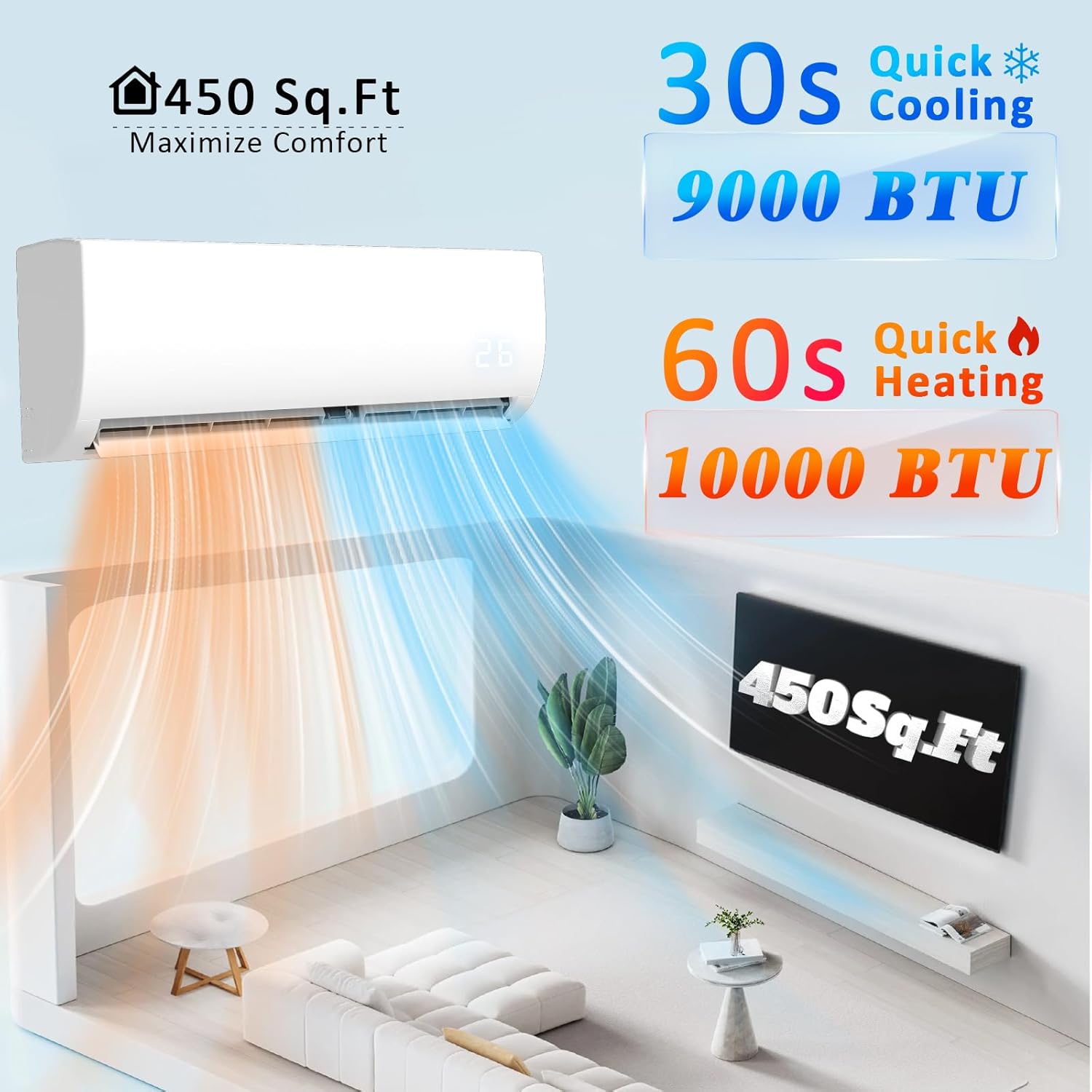 9000 BTU Mini Split Air Conditioner & Heater, 19 SEER2 115V Ductless Inverter Wall-Mounted AC Split Unit with Pre-Charged Condenser Cools Room Up to 450 Sq.Ft, Heat Pump & Installation Kits