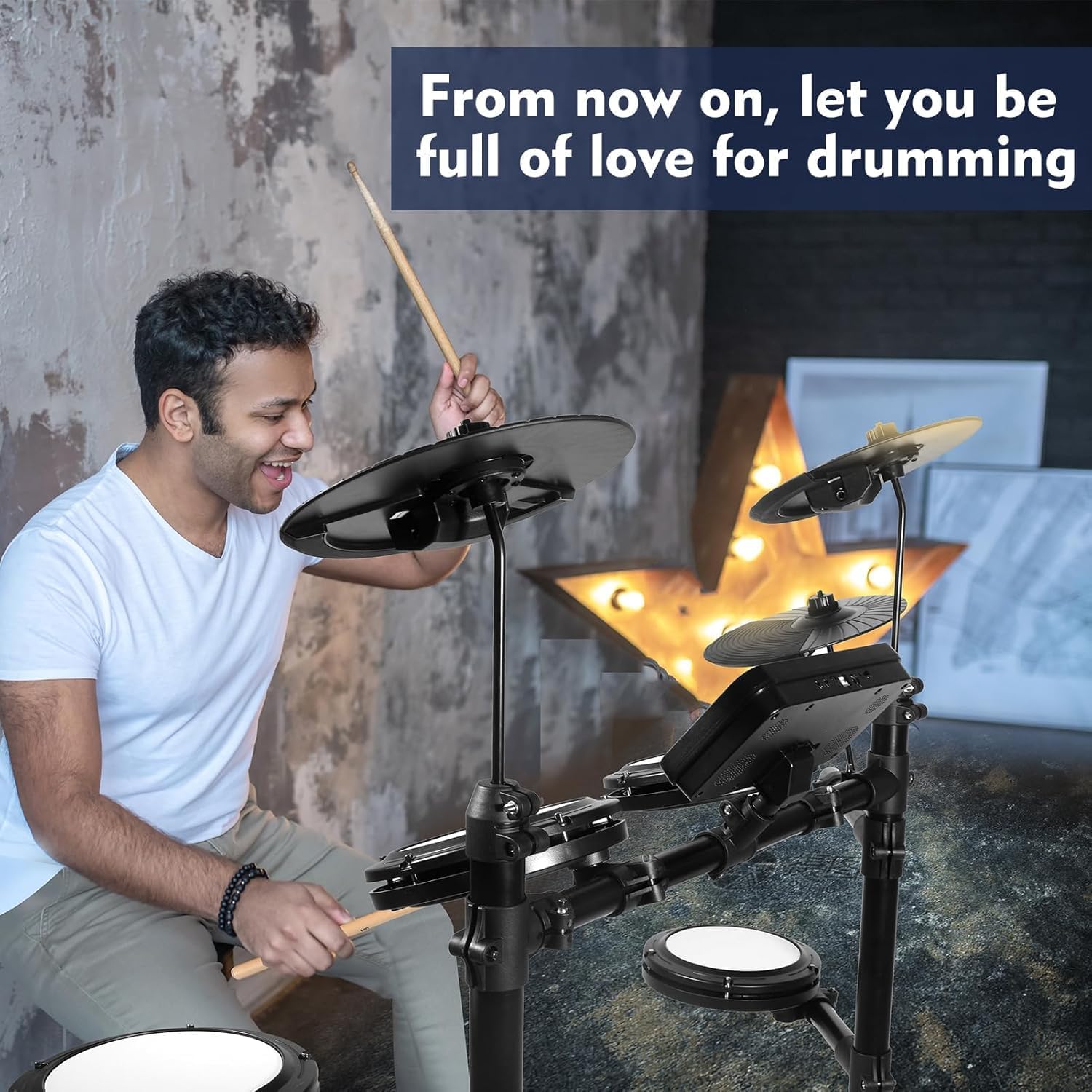 Electronic Drum Set,Electronic Drum for Beginner Set with Type-C Charging,support USB MIDI Bluetooth,with 4 Quiet Mesh Pads 2 Pedals, Drum Stool, Sticks, Headphones and Melodics Lessons