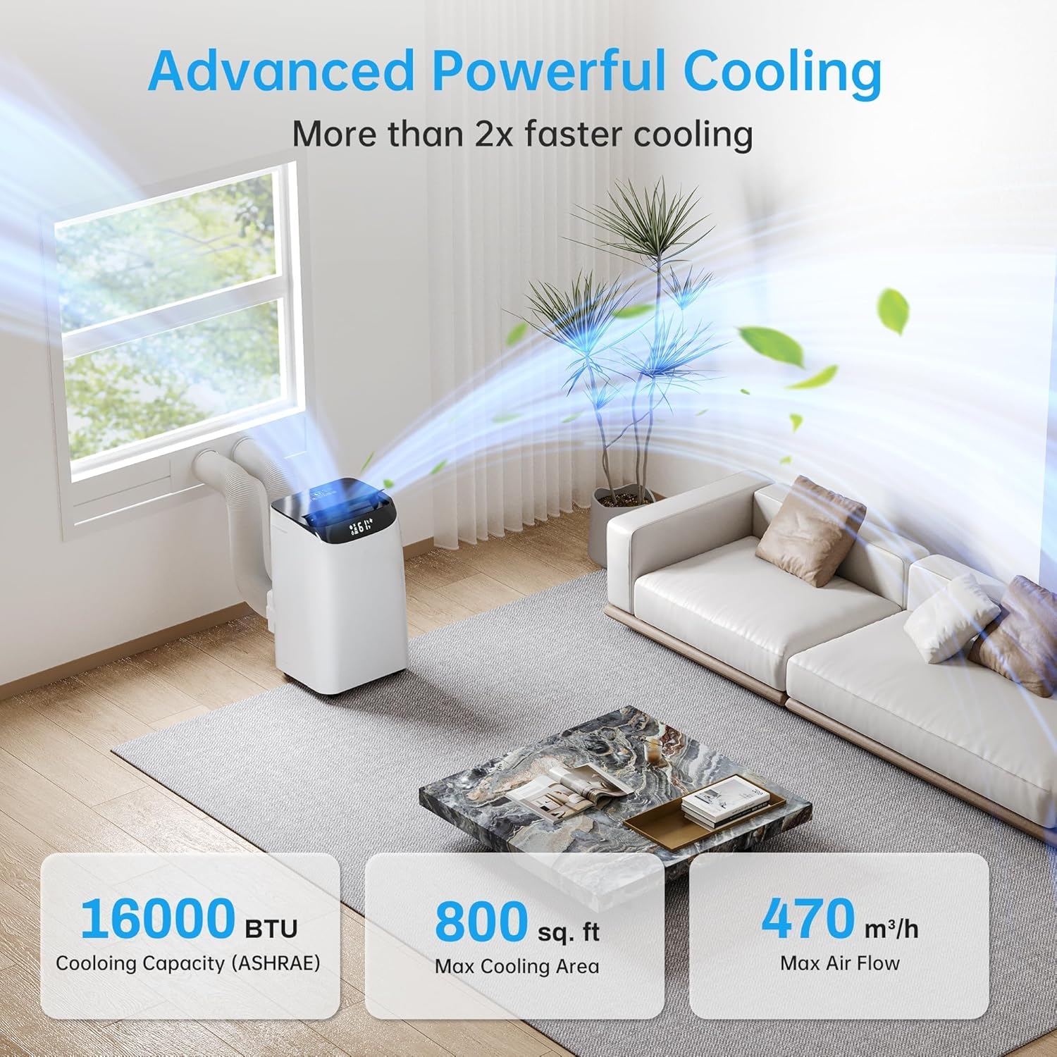 16000 BTU Smart Inverter Portable Air Conditioner with Cool, Dehumidifier and Fan Mode, 3-in-1 Portable AC Unit For Room up to 800 sq.ft with Remote Control & DIY Window Kit, 46dB