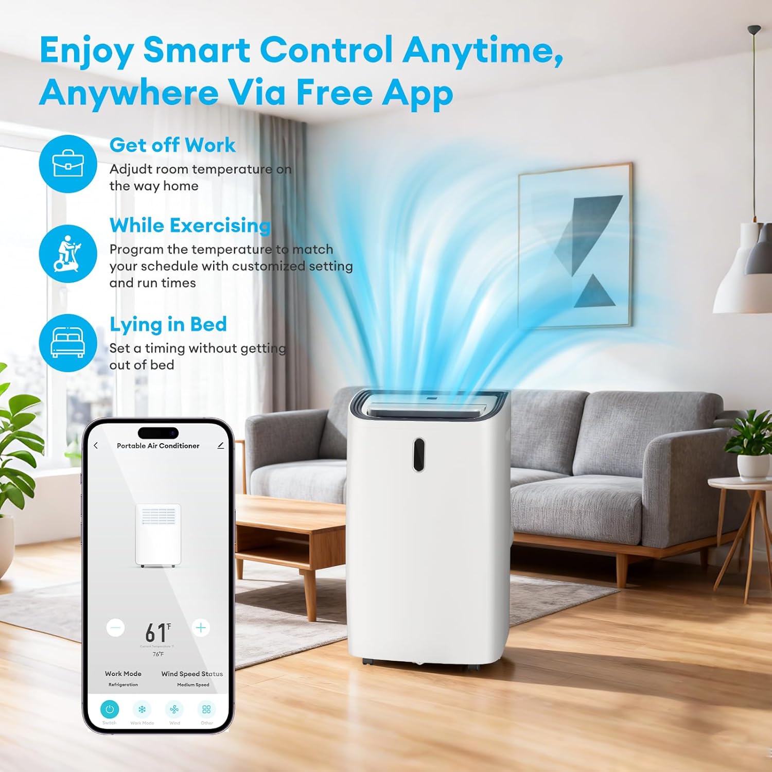 14000 BTU Portable Air Conditioner, 4-in-1 with Cool/Heat/Dry/Fan Functions, Wi-Fi Smart AC Unit with App& Remote Control, LED Display,Ideal for Bedroom, Living Room, Office(White)