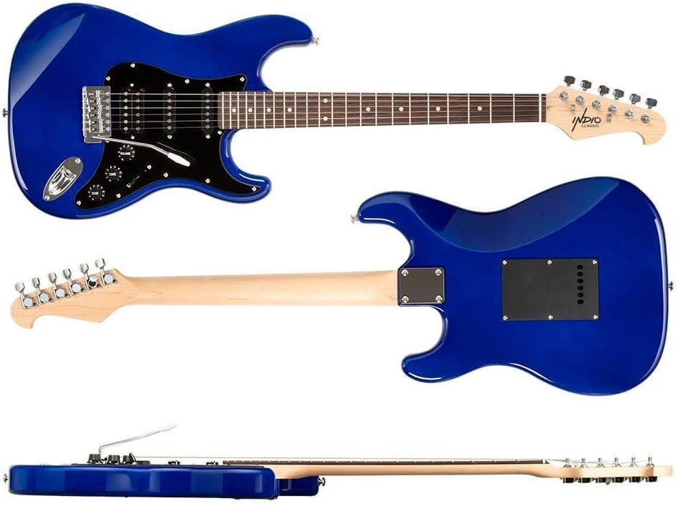 Monoprice Indio Series, 6-String Cali Classic HSS Electric Guitar - Right Handed, With Gig Bag, Dual-Coil Humbucking Pickup, Double-Cutaway Solid Body, Blue