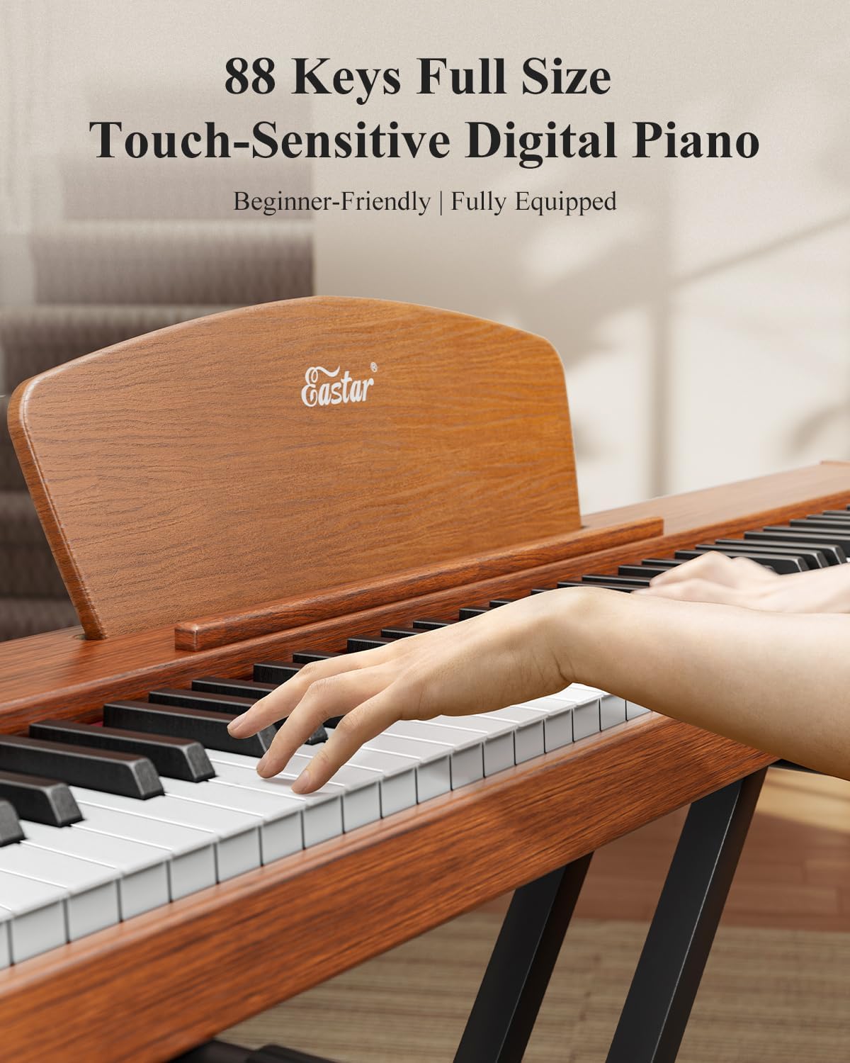 Eastar EP-80 Piano Keyboard 88 Keys, Full Size Electric Keyboard Piano with Velocity-Sensitive Key, Portable Beginner Digital Piano Bundle Piano Stand, Sustain Pedal, Music Stand and Headphones, Brown