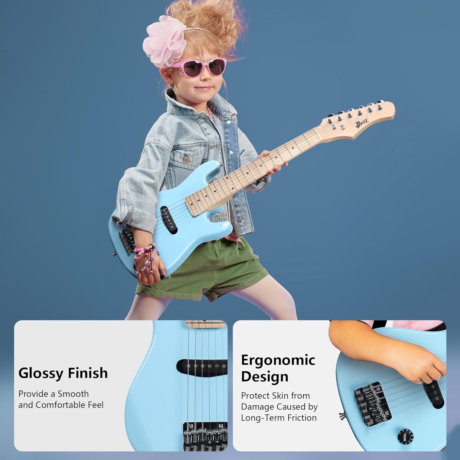 WINZZ EGM100 30 Inches Real Kids Electric Guitar with Beginner Kit, Right Handed (Light Blue)