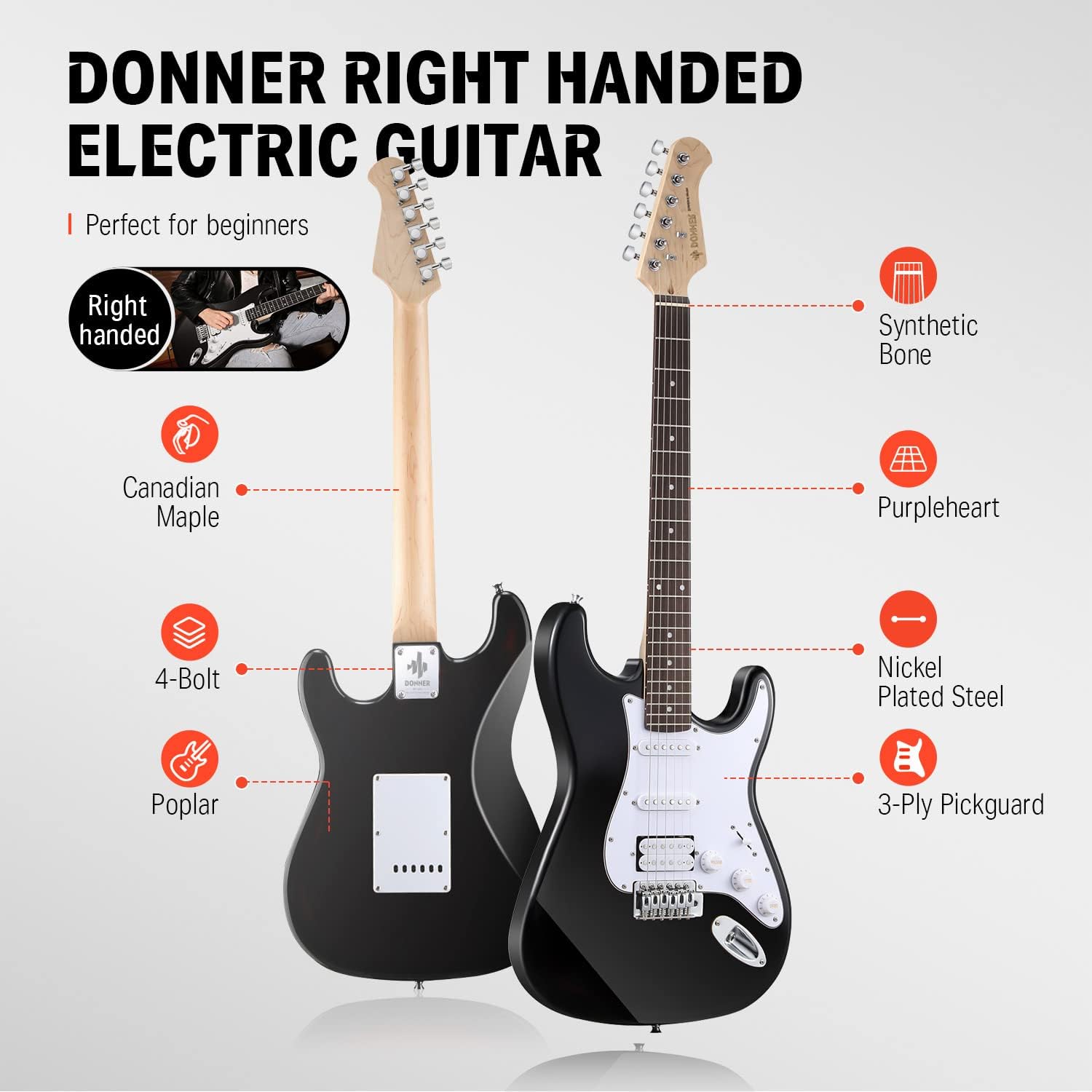 Donner DST-100B 39 Inch Electric Guitar Beginner Kit Solid Body Full Size Black HSS for Starter, with Amplifier, Bag, Digital Tuner, Capo, Strap, String,Cable, Picks