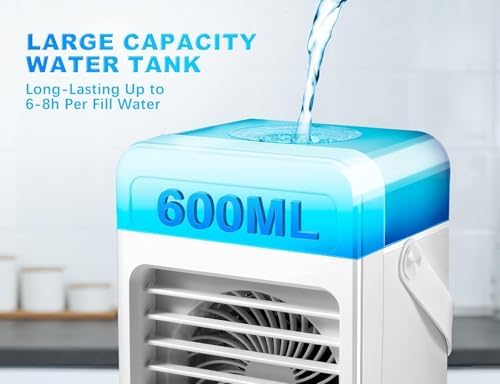 Portable Air Conditioners, Mini Air Conditioner Personal Evaporative Air Cooler with 4 Speeds 7 Colors, 600ML Portable Ac Unit Fan 2 Cool Mist Cooling Fan for Room Office Car