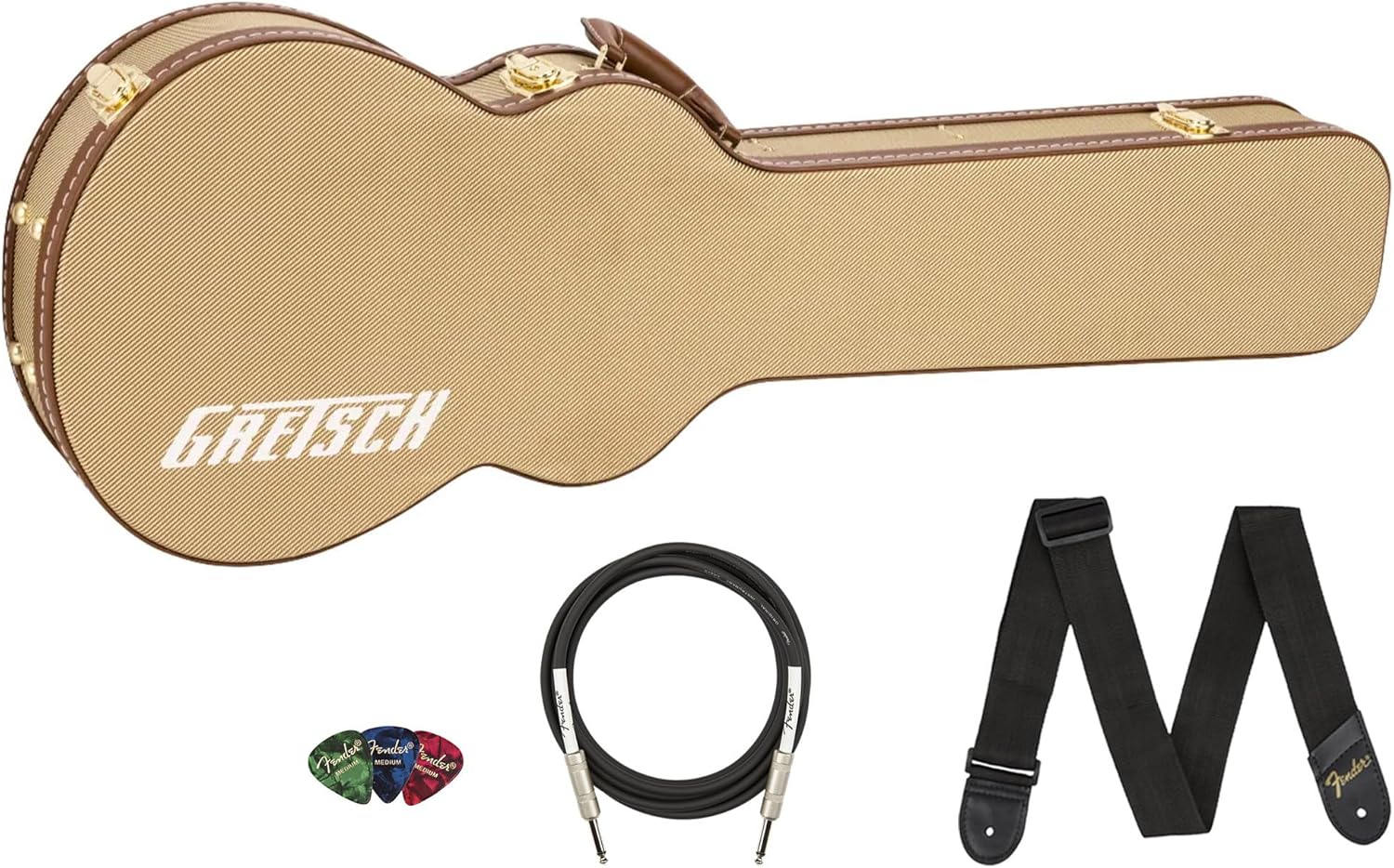 Gretsch Tweed Hardshell Case for Baritone Bass Guitar Bundle with Cable, Strap, and Picks