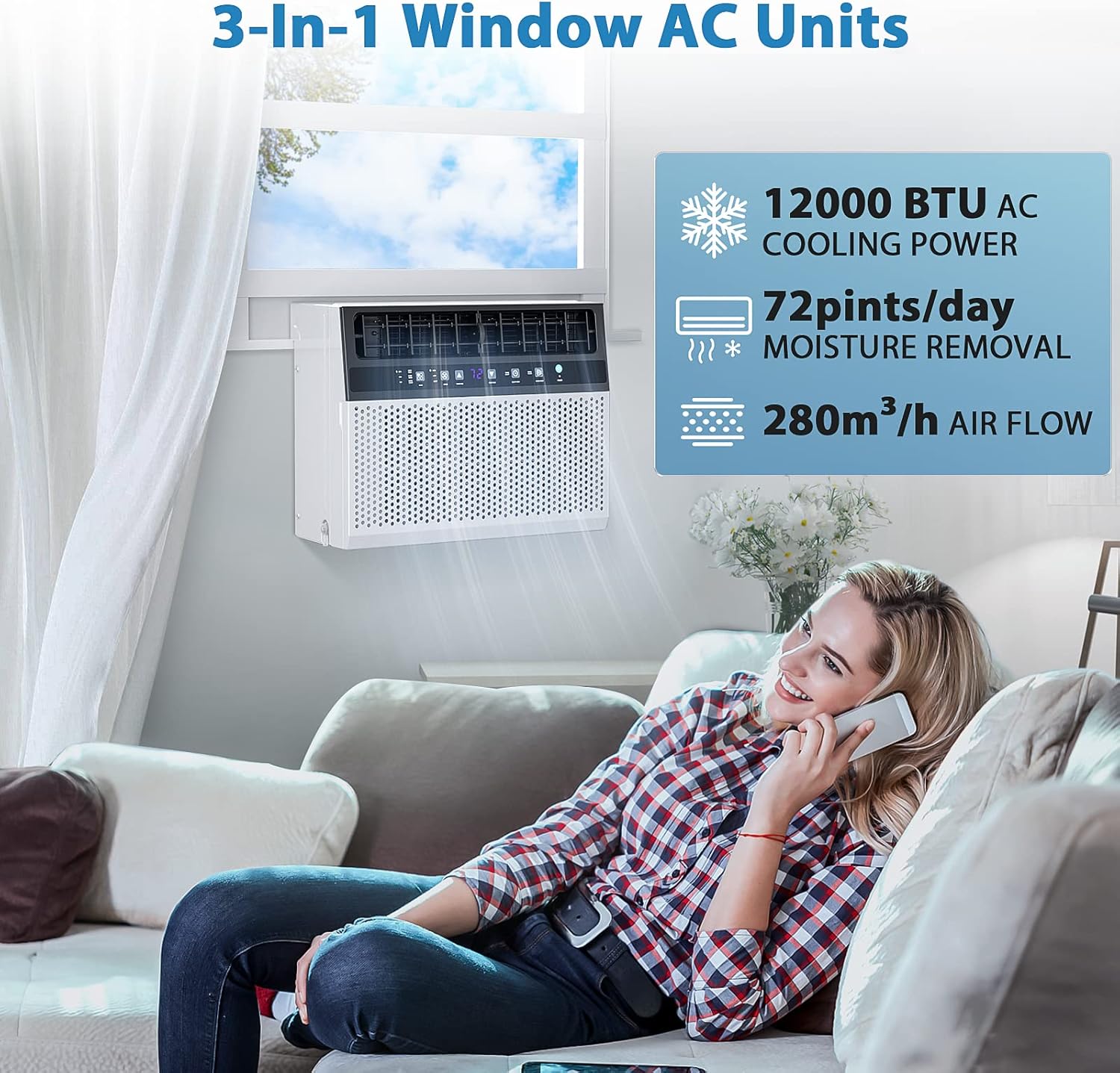 Joy Pebble Window Air Conditioner 12000 BTU, 3-IN-ONE Ac Window Unit for Room Cools up to 550 Sq.Ft,Dehumidifier&Fan with Energy Saving mode,3 Fan Speeds& Quiet Operation