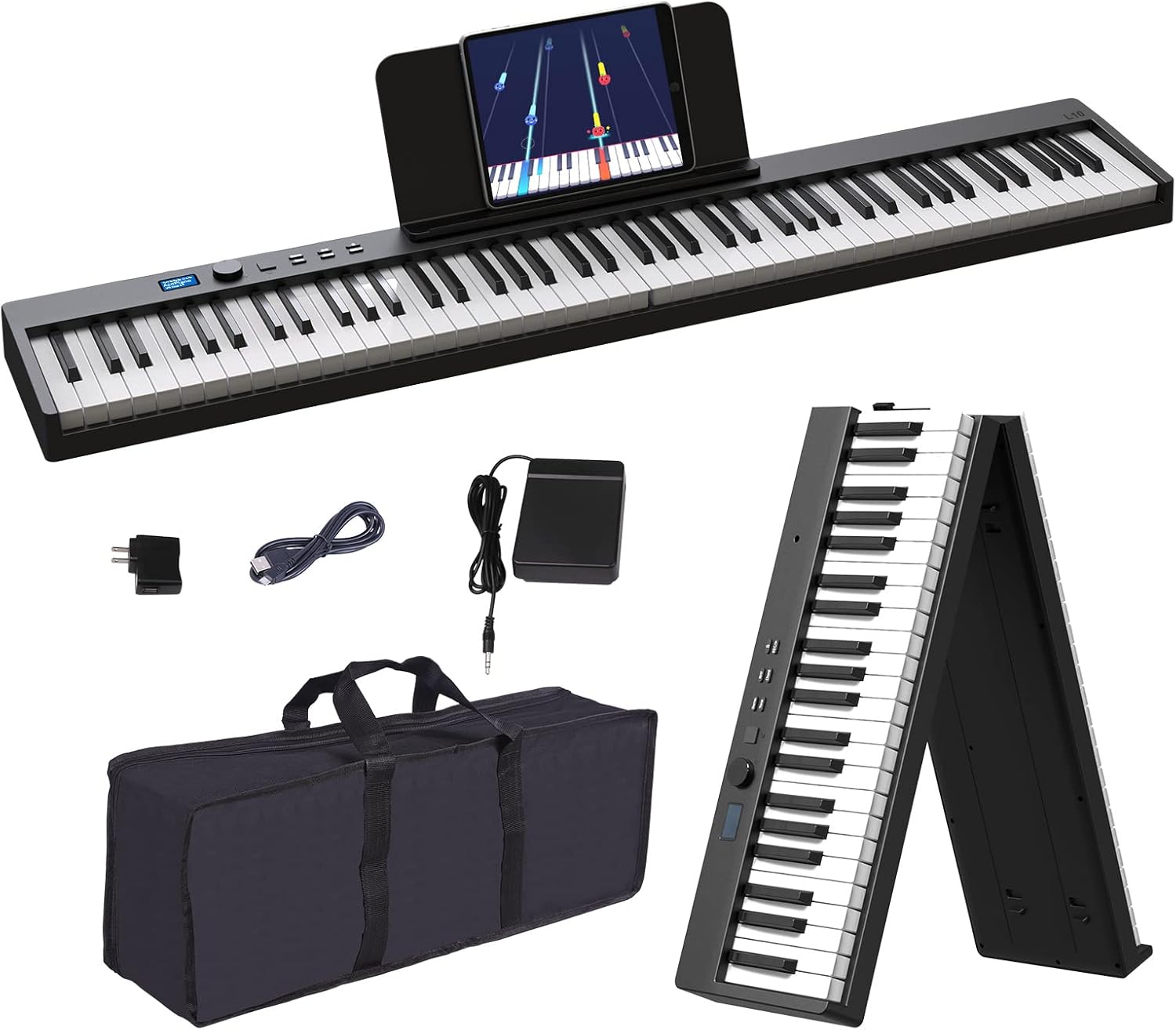 KONIX Foldable Piano Keyboard, 88 Key Full Size Semi Weighted Folding Piano Keyboard, Bluetooth Portable Electronic Keyboard Piano with Sheet Music Stand, Sustain Pedal and Piano Bag, Black