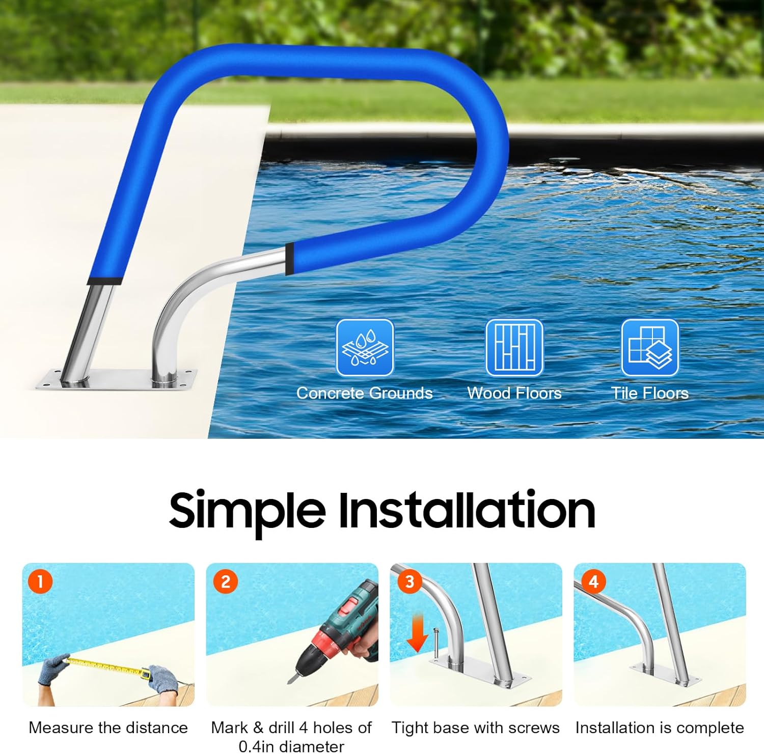 Pool Rail Pool Railing 304 Stainless Steel 264.55 LBS Load Capacity Silver U-Shaped Handrail Humanized Swimming Pool Handrail with Blue Grip Cover & Other Accessories