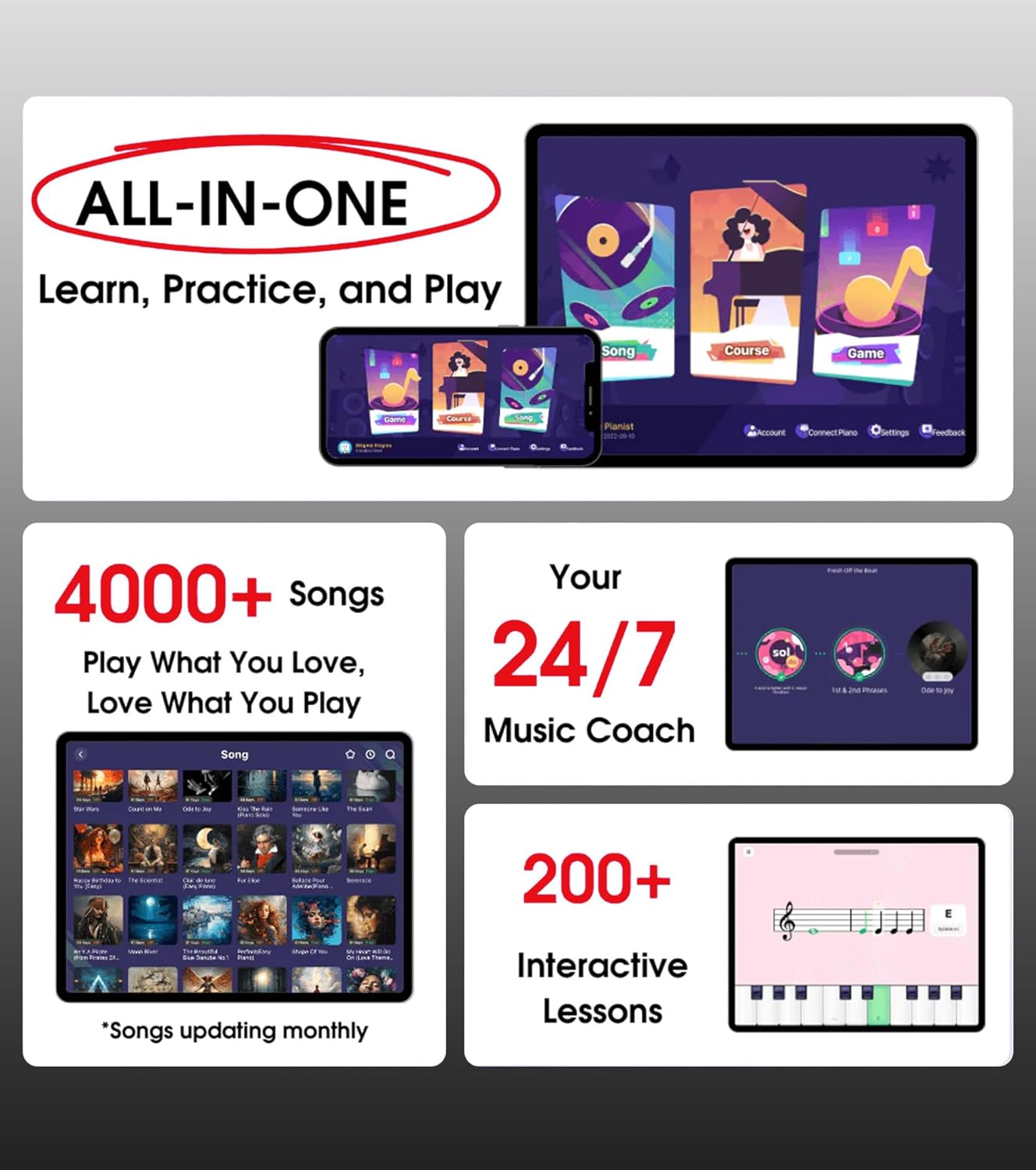 The ONE Keyboard Piano Sing, 61 Keys Piano Keyboard For Singing & Practice with Bluetooth, Record, Sheet Music Stand and Huge Library of Songs for Sing-Along, Piano For Music Lover & Beginner (White)