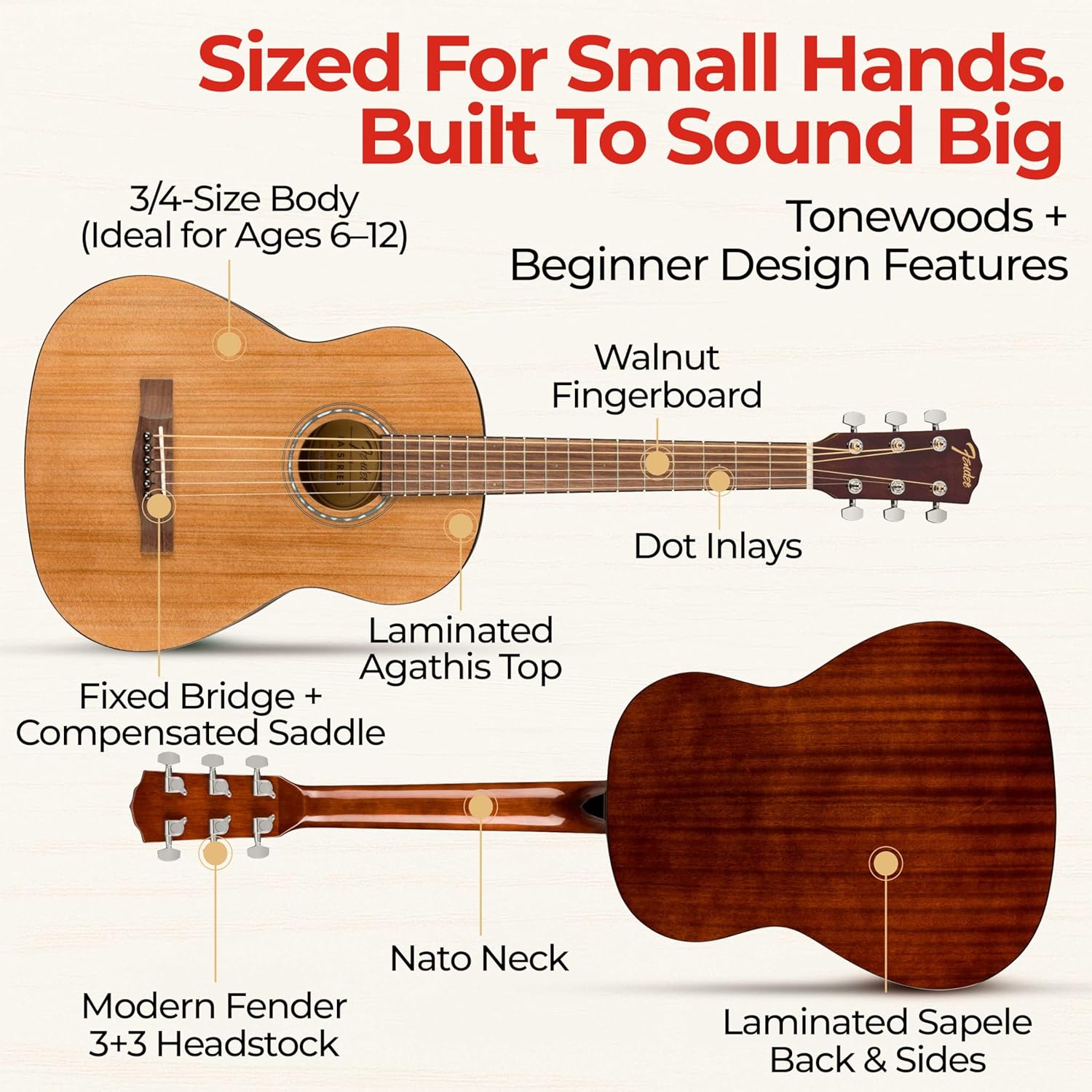Fender FA-15 3/4-Scale Kids Steel String Acoustic Guitar - Natural Bundle with Gig Bag, Tuner, Strap, Picks, and Austin Bazaar Instructional DVD