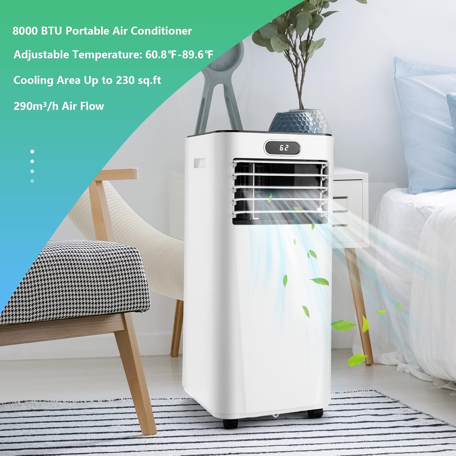 PETSITE Portable Air Conditioner, 3-in-1 AC Cooling Unit Dehumidifying, Fan & Air Cooler Function, Remote Control, Window Kit Included (8000BTU, White)