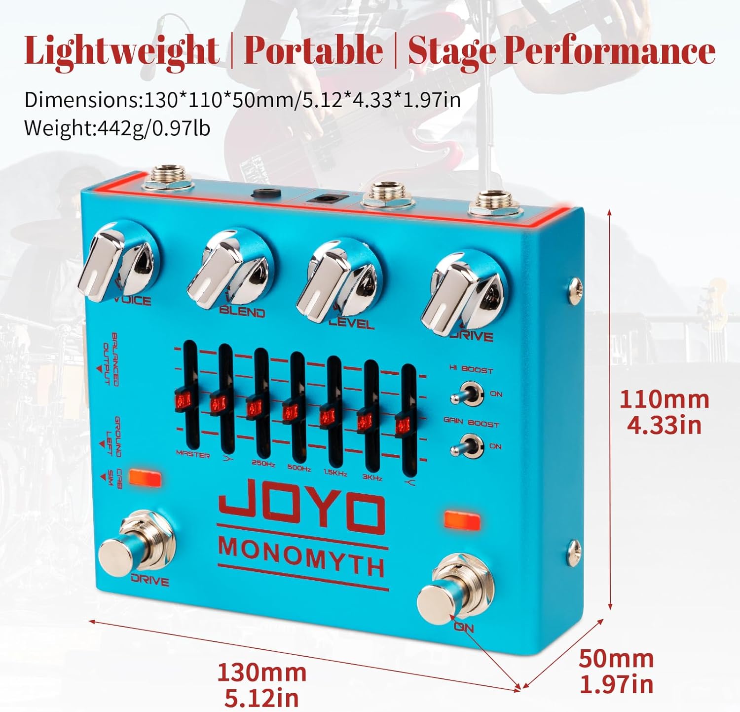 JOYO Bass Guitar Pedals Overdrive Amp Simulator Effect Pedal with 6 Band Graphic EQ and Noise Reduction Switch for Bassist Electric Guitar Bass (MONOMYTH R-26)