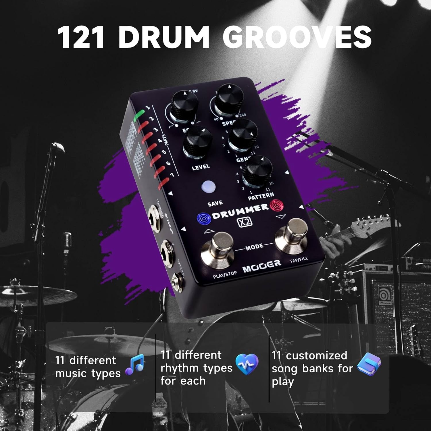 MOOER Drummer X2 Stereo Drum Machine Peda Wireless Guitar System Air P05 for Guitar, Bass, Instruments