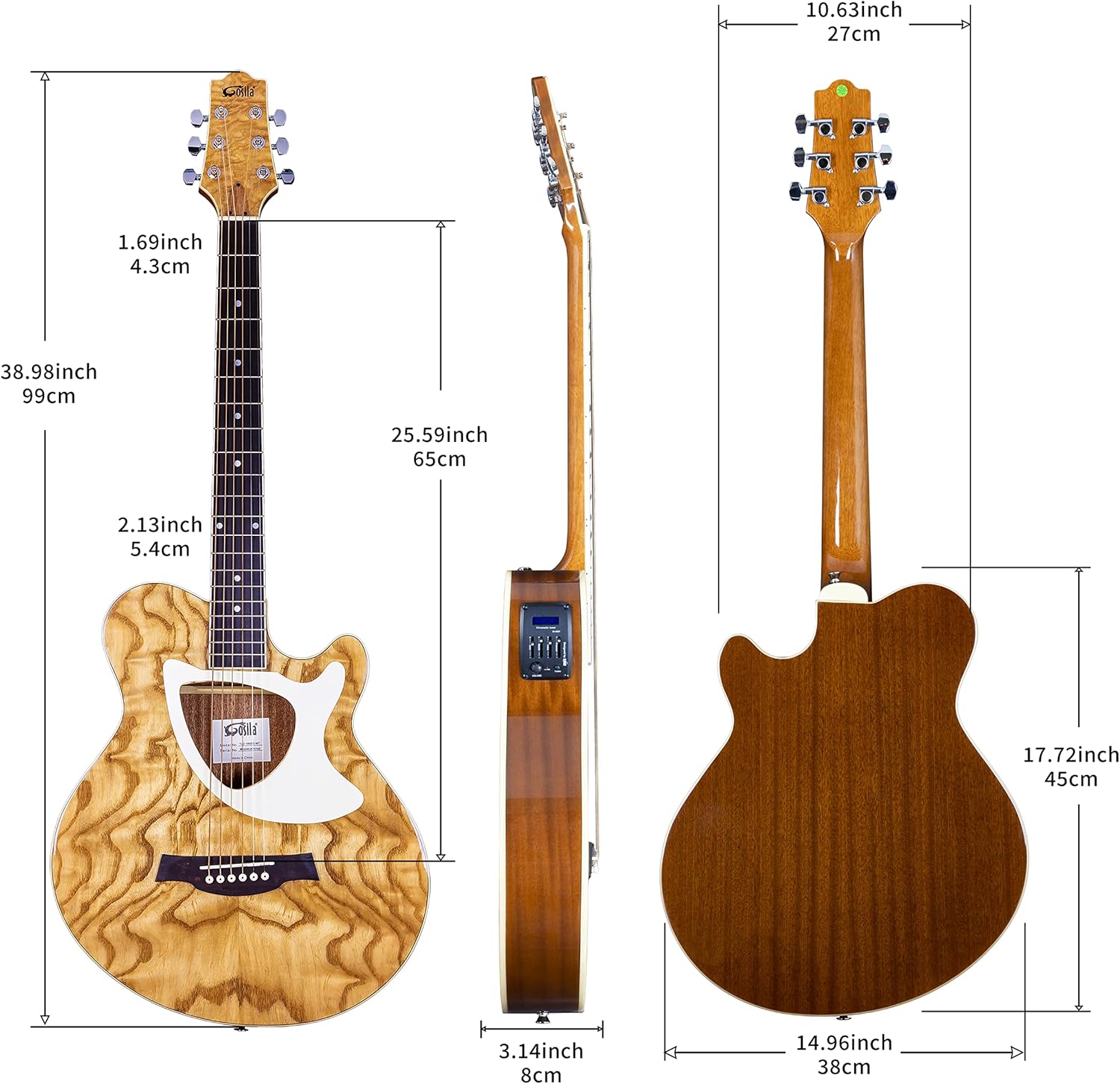 39“ Acoustic Electric Cutaway Guitar, Thin Body, Built-In Tuner,ashwood gloss natural finish body