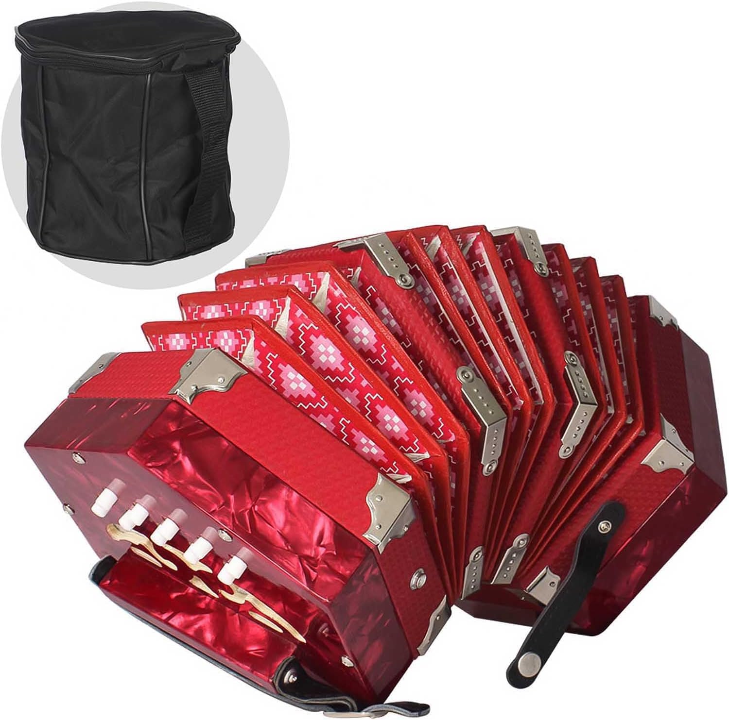 Anglo Concertina 20 Button 40 Reed GC Tuned, Red Pearloid Acordeon with Carrying Bag & Straps, Accordion Instrument for Adults Beginners, Folk Irish Music
