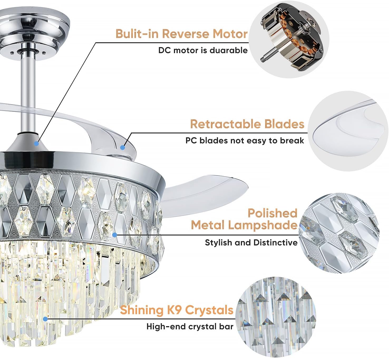 42 Inch Fandelier Ceiling Fan with Light, Chandelier Fan for Bedroom Living Room, Retractable Ceiling Fan with Lights, 6 Wind Speeds, LED Dimmable, Memory and Timing Function-Chrome