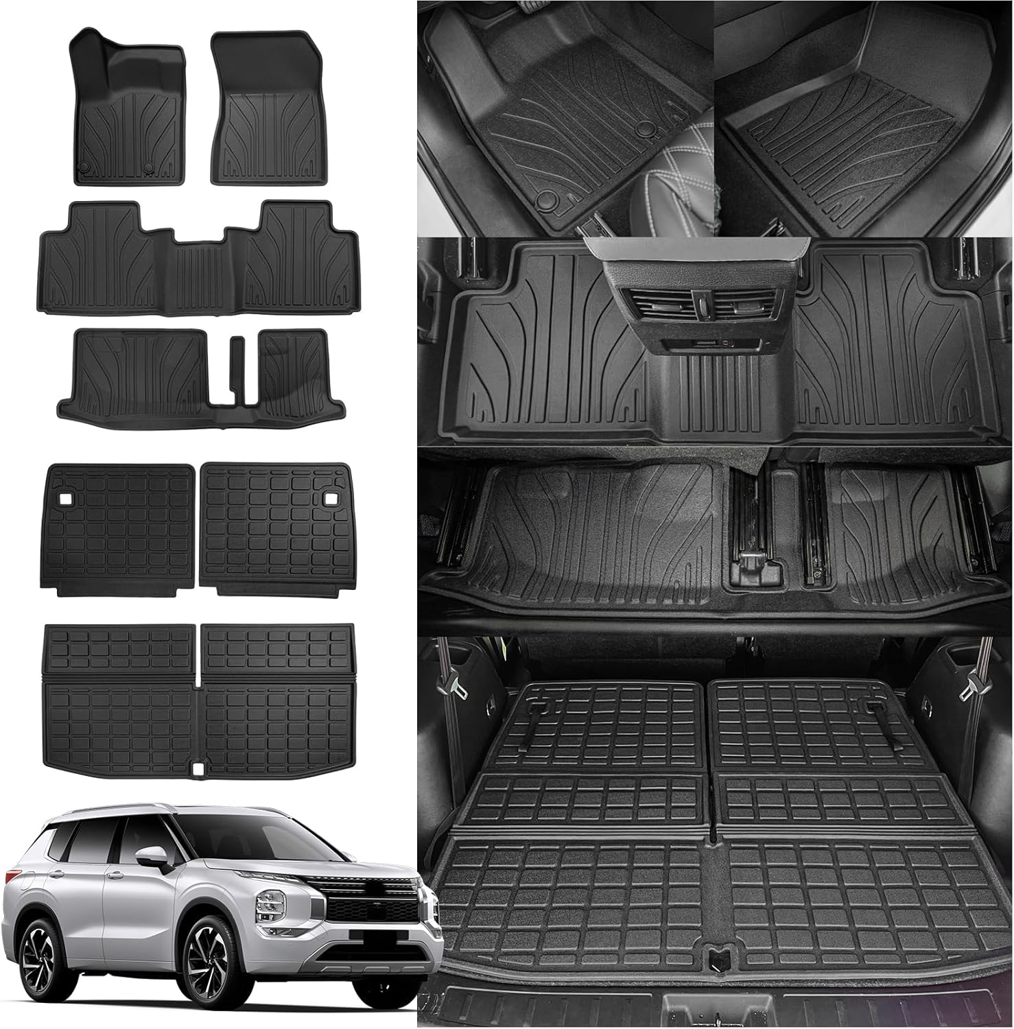 Rongtaod Floor Mats Compatible with 2022-2025 Mitsubishi Outlander 7 Seats Cargo Mat Trunk Mat Cargo Liner Back Seat Cover Protector 2024 Outlander Accessories (Trunk Mat+Backrest Mats+Floor Mats)