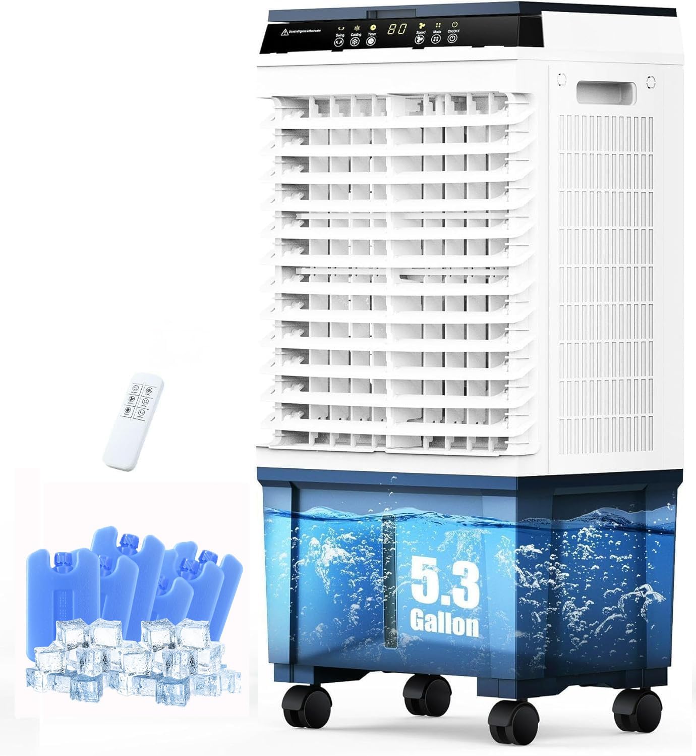 Air Choice Swamp Cooler, 1800 CFM Evaporative Air Cooler with 5.3 Gal Water Tank, 110° Auto Swing, 3 Fan Speeds, 6 Ice Packs, Remote, 12H Timer, Portable Air Cooling Fan for Outdoor & Indoor, Grey