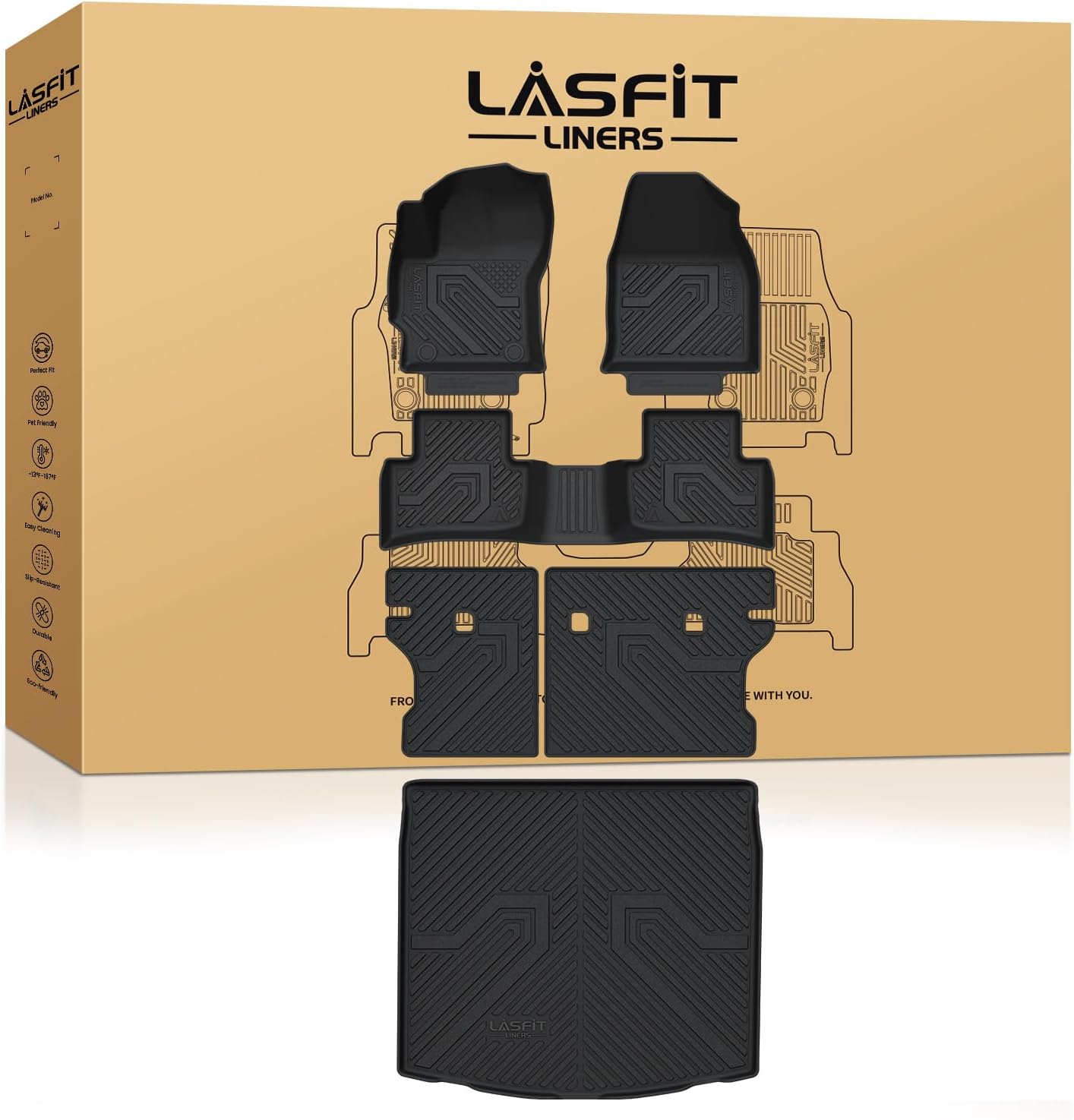 LASFIT Floor & Backseat & Cargo Mats for Toyota Corolla Cross Gas AWD 2022-2026, TPE All Weather Protection Custom Fit 1st & 2nd Row Floor Liners Trunk Mats for Corolla Cross Accessories, Black