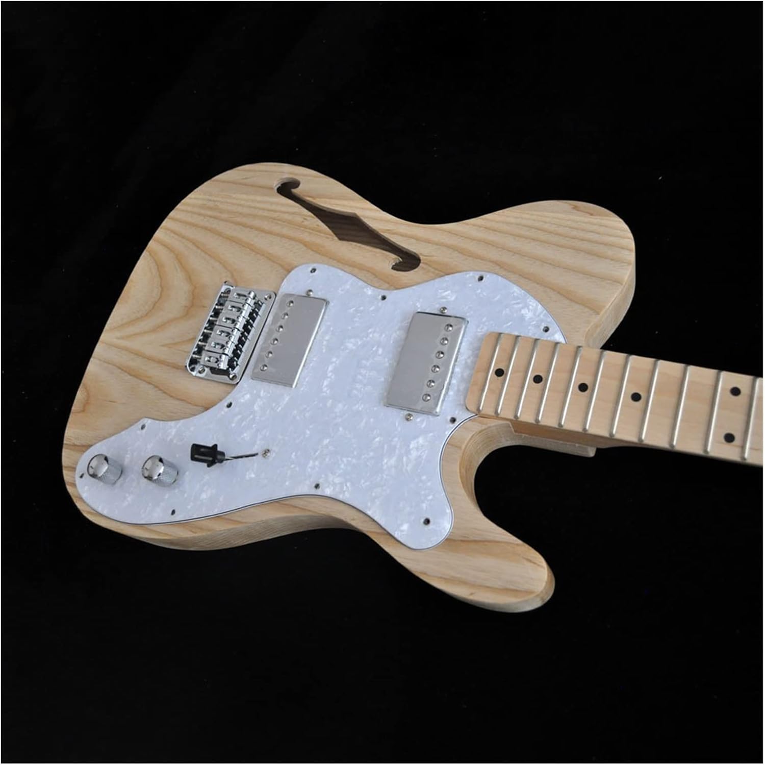 TSTS DIY Electric Guitar Kit Semi-Hollow Ash Body with F Holes Maple Neck 21 FretsTruss Rod Adjust Unfinished Electric Guitar Kit